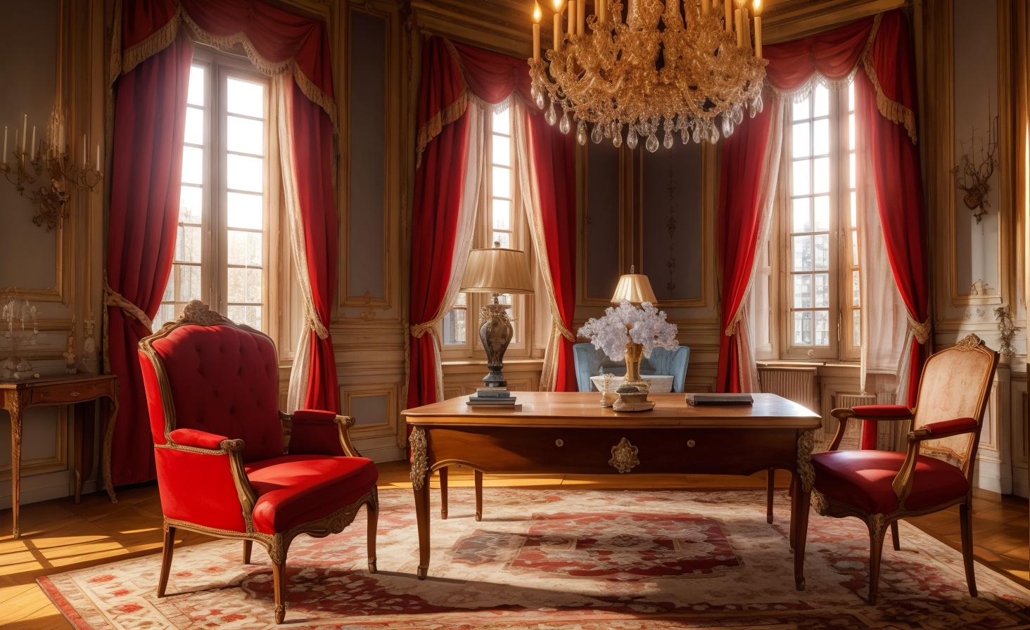 livingroom, Europroom, no humans, indoors, window, scenery, candlestand, chair, curtains, chandelier, table, wooden floor, book, candle, still life, painting \(object\), rug, carpet, sunlight,,<lora:SD1.5_Europeroom2.28:0.6>