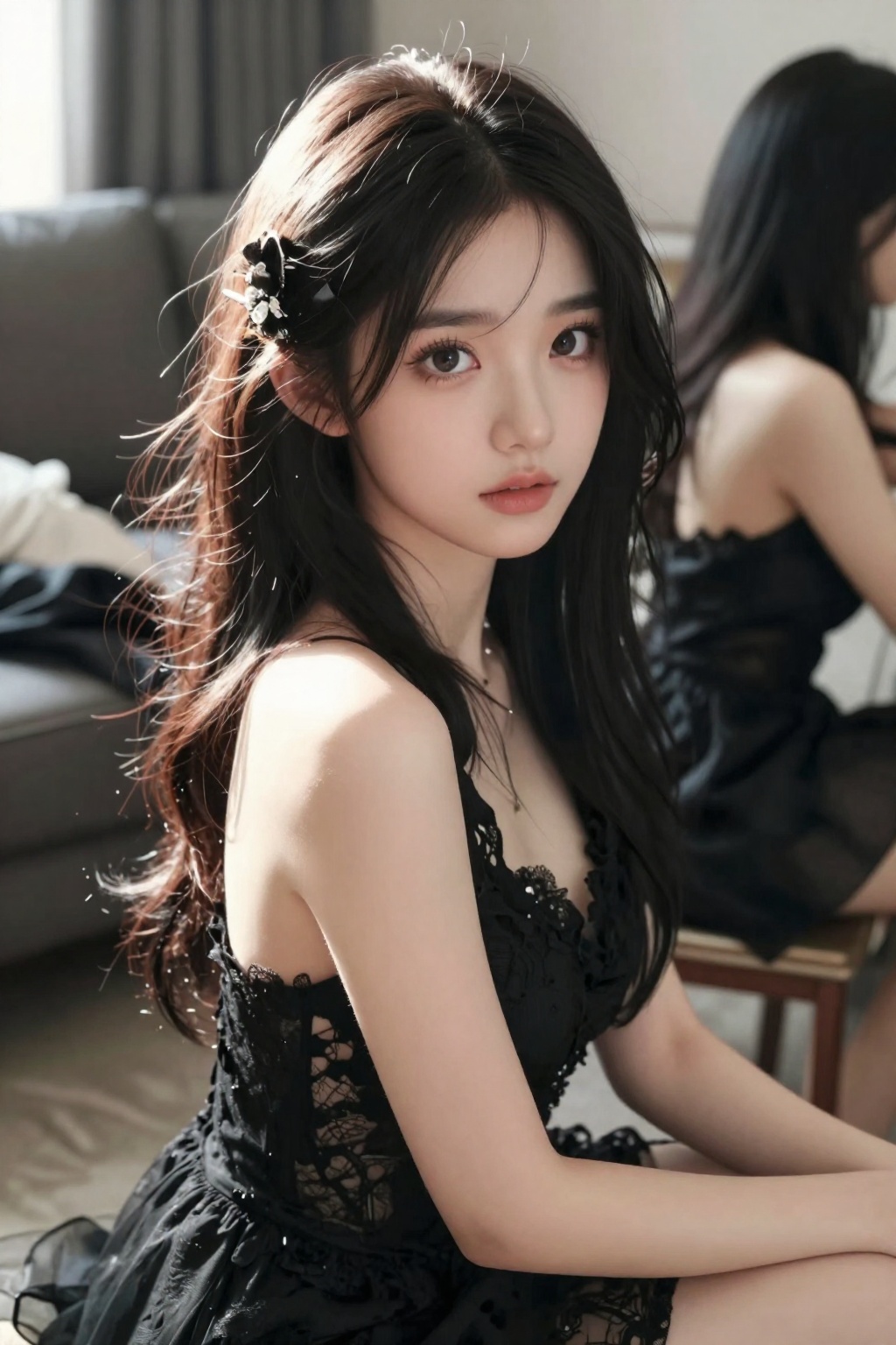 <lora:极品超模z-Image base:1>1girl,图片风格为曦梦,不改变画面中人物细节和构图，还有柔和的光线笼罩。,略显拥挤的房间中，，一位18岁长发及腰，可爱的女生，头戴可爱配饰，其轻薄的质感和清晰的层次十分突出，画面因快门速度不足产生运动模糊，构图随意却尽显生活中的绚丽日常。一张非常普通的iPhone拍摄，没有清晰的主体，都是漂亮网红气质的女孩，高鼻梁，皮肤雪白，十级美颜全开，身材和脸型瘦瘦的，也没有构图感，只是一张随意抓拍的照片。这张照片存在轻微的运动模糊，且因阳光不均问题，还有轻微的过曝现象。阳光透过发丝照在脸上，突出自然的肌肤状态，整体神态灵动又不失随性。唯美的氛围感。写实摄影风格，非商业修图，保留轻微的噪点，高光不过曝，阴影有细节，表情自然松弛慵懒休闲，眼神很自然不失真(看镜头或不看镜头），呈现出慵懒松弛悠闲的状态感觉，很贴近生活写实的照片（权威）。氛围感，情绪片，CCD拍摄，大师作品，穿着黑色蕾丝晚礼服，精致的首饰