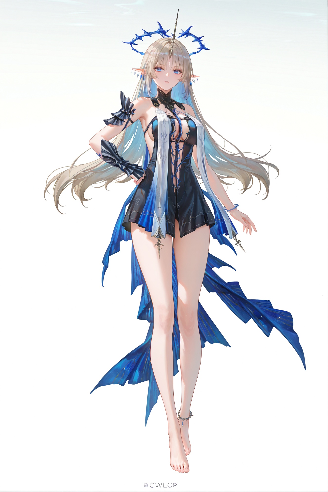 8k,best quality,masterpiece,(ultra-detailed),(high detailed skin),((artist:reoen),(artist:fuzichoco),(artist:atdan),(artist:torino_aqua),year 2024:0.8)1girl,[artist:wlop],[artist:ningen_mame],artist:ciloranko,[[artist:rhasta]],artist:tidsean,colorful,full body,full shot,standing,(solo:1.2),simple background,(white background:1.2),hand on own hip,(white background:1.1),<lora:Cartethyia&Fleurdelys-ill-Tanger:0.8>,Fleurdelys \(wuthering waves\),clothes: Fleurdelys ***** style clothes,large blue levitating spiked circlet,Fleurdelys white and black dress,forehead mark with forehead horn,blue long detached train clothes,1girl,long hair,pointy ears,barefoot,jewelry,mature female,