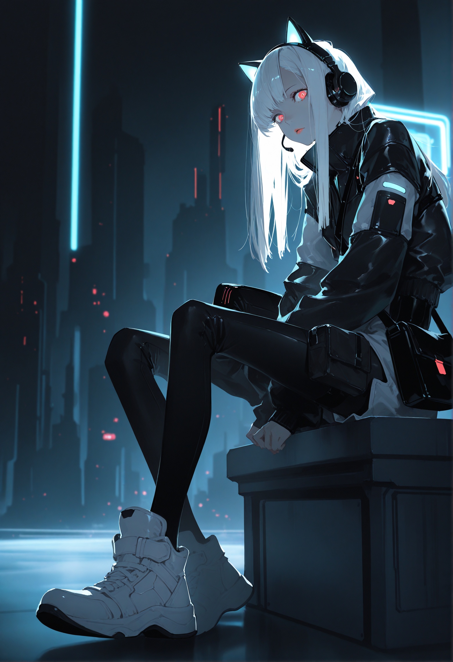 masterpiece,best quality,8k,dramatic lighting,cold colors,(dino_(dinoartforame):0.5),(yoneyama mai:0.5),1girl,animal ears,Waist bag,bangs,cat ear headphones,cat ears,cyberpunk,headphones,headset,Combat clothing,Sitting posture,Luminous,Multi light source clothing,indoor,Oblique lateral body,full body,science fiction,Luminous clothing,Future technological background,jacket,lips,long hair,looking at viewer,neon lights,night,shoes,sitting,solo,white footwear,white hair,glowing,