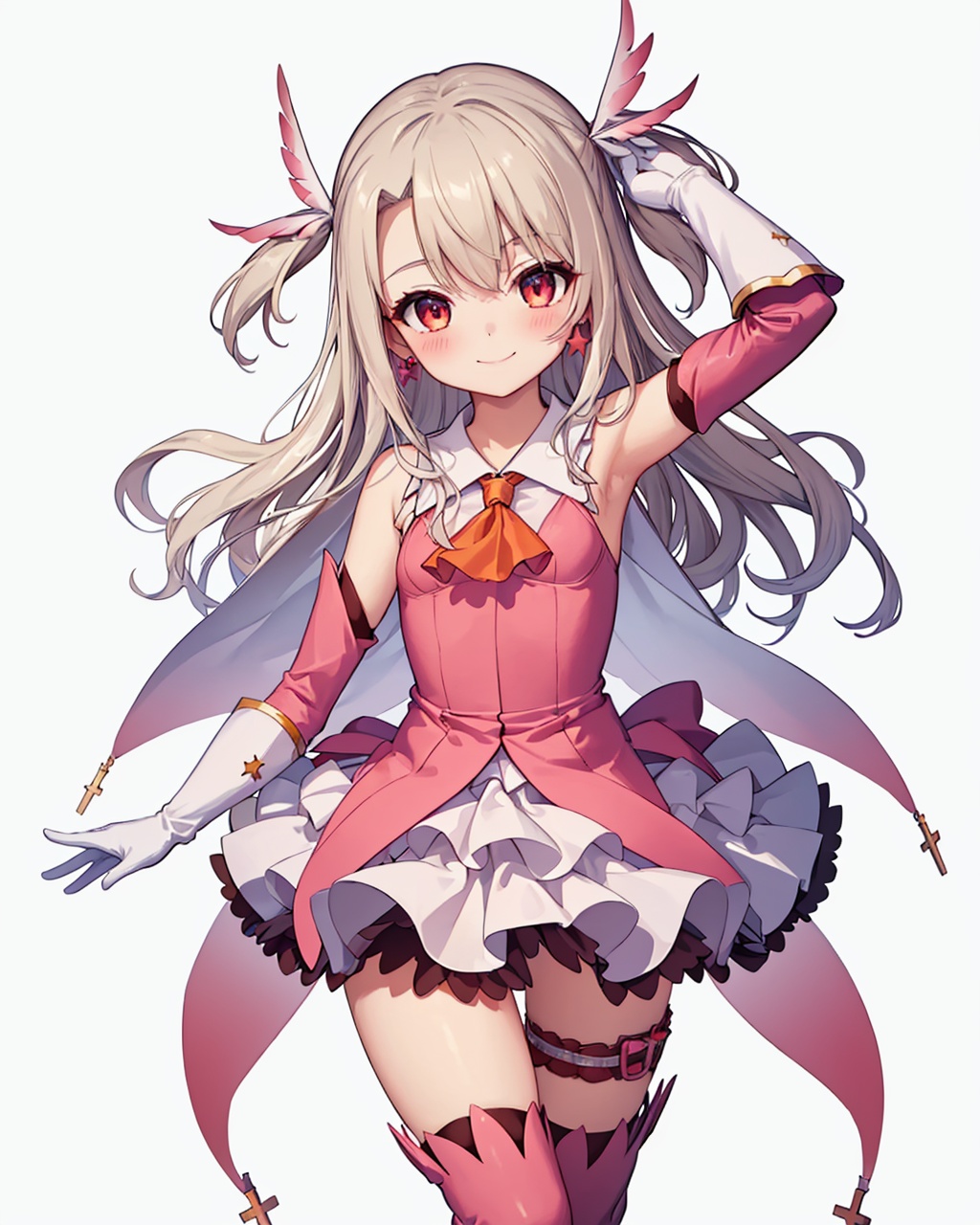 masterpiece,best quality, highly detailed, prisma illya,1girl, solo, smile, sleeveless shirt, blush, white skirt, holding wand, pleated skirt, white background, closed mouth, white gloves, two side up, arm up, thigh boots, feather hair ornament, pink thighhighs, pink shirt, orange ascot, cross, pink footwear, simple background, detached sleeves, elbow gloves, magical girl, small breasts, long sleeves, looking at viewer, armpits, collared shirt, earrings, layered skirt, bare shoulders, star (symbol), head tilt,<lora:prisma_illya:1>