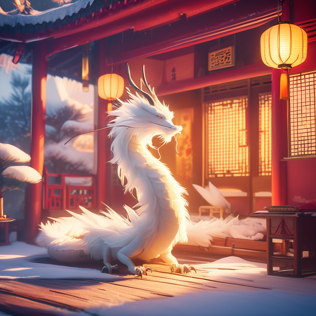 eastern dragon, soft lighting, white fur, antlers, whimsy and dramatic lighting, warm colors, mf-movie-filter, cc-color-correction, cute, whiskers, sunset, eastern dragon focus, claws, chinese zodiac, east asian architecture, no humans, dragon, lantern, horns, solo, indoors, from side, snow, architecture, scenery, tree,<lora:chenglong_xl:0.8>,