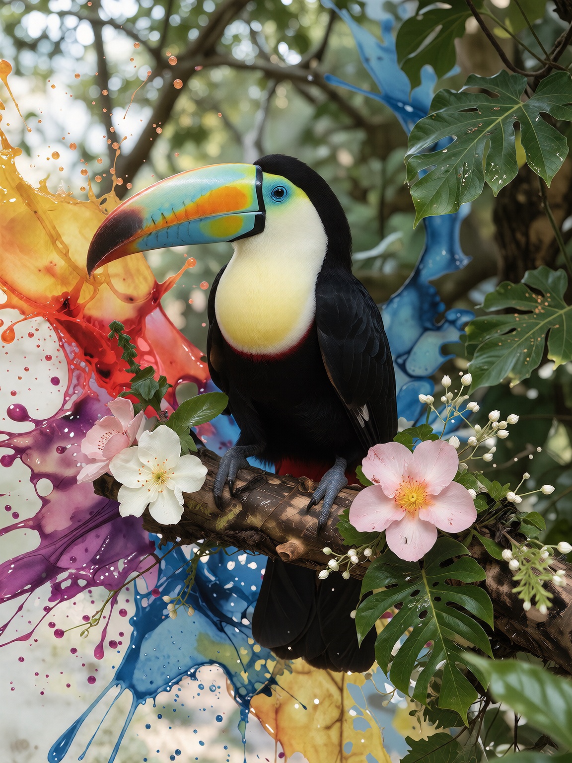 "Coloful Ink splash art style of a toucan in a big jungle,  colorful beak,  flowers. Colorful inksplash background. on Ten...