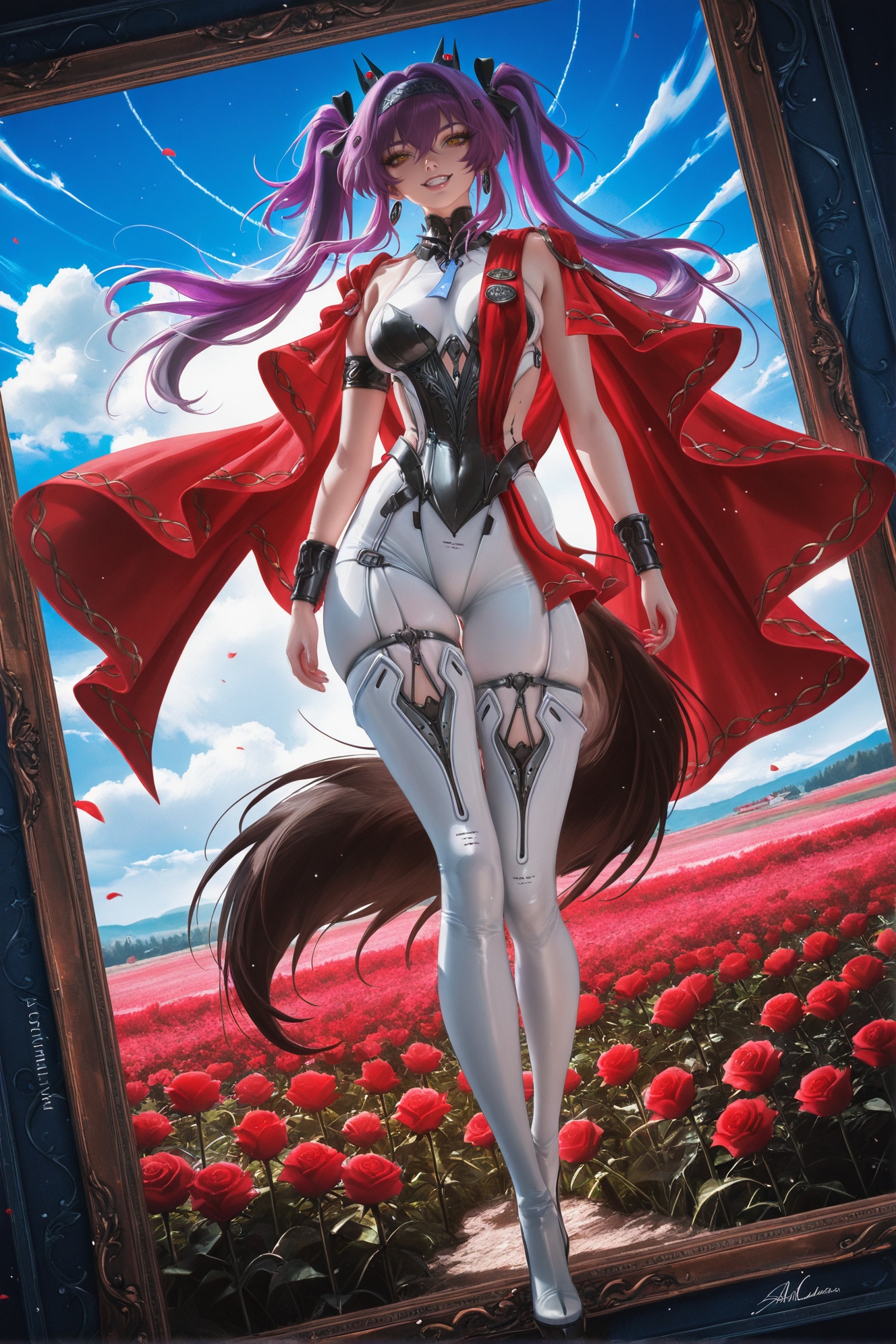 best quality,masterpiece,(ultra-detailed),(high detailed skin),border,oil painting border,photo frame,frame,a carefully framed painting,masterpiece,best quality,artist:zd_1995,artist:OlchaS,artist:sakimichan,sakimichan \(style\),jijia,2d,by au_\(d_elete\),safe,extra_sharp,(perspective composition.:1.2),(bold_lines are adding to the overall style:1.2) solo,(high brightness:1.3),backlighting,red rose field,outdoors,kubrick stare,1girl,contrapposto,half-closed eyes,detailed eyes,bold eyelashes,long eyelashes,nose,closed mouth,wide grin,smile,long hair,blue sky,clouds,amazing quality,masterpiece,highres,beautiful color,film grain,newest,symmetrical composition,beautiful,intricate,amazing quality,very aesthetic,absurdres,masterpiece,by anna dittmann,full body,dynamic angle,chromatic aberration,white skin,glossy skin,beautiful eyes,<lora:lupawave-ill-Tanger:0.8>,lupa \(Wuthering Waves\),clothes: lupadef armed bodysuit,lupa hair ornament,waist black mark,lupadef Red Shawl,1girl,twintails,breasts,purple hair,yellow eyes,cape,thighhighs,tail,