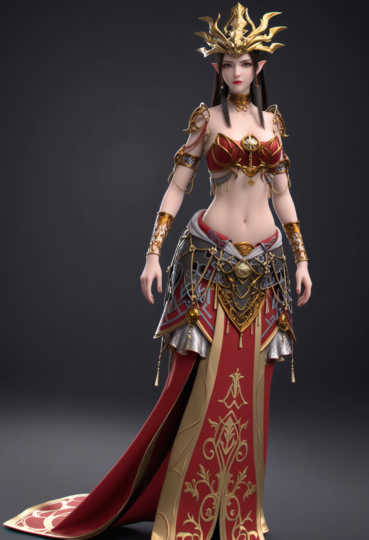 (looking_at_viewer:1.2),full body,<lora:YQ_pony_meidusha_xiongjiatouguan_V4:0.8>,1girl,q1528437228,solo,black hair,long hair,jewelry,earrings,hair ornament,armor,red skirt,armlet,bracelet,collar,blue eyes,long skirt,metal collar,scales,elf,shoulder armor,black eyes,choker,brown hair,horns,crescent,cleavage,simple background,pure black background,black background,