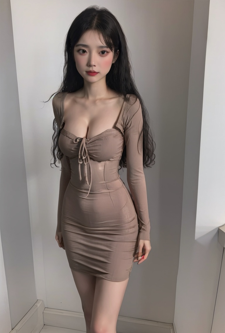 (masterpiece, best quality:1.4),finely detailed,1girl,solo,pale skin,perfect body,standing,(medium breasts:1.2),(cowboy_shot:1.2),<lora:killer性感棕色低胸显胸连衣裙1v1..0-000008:0.8>,browndress,dress,