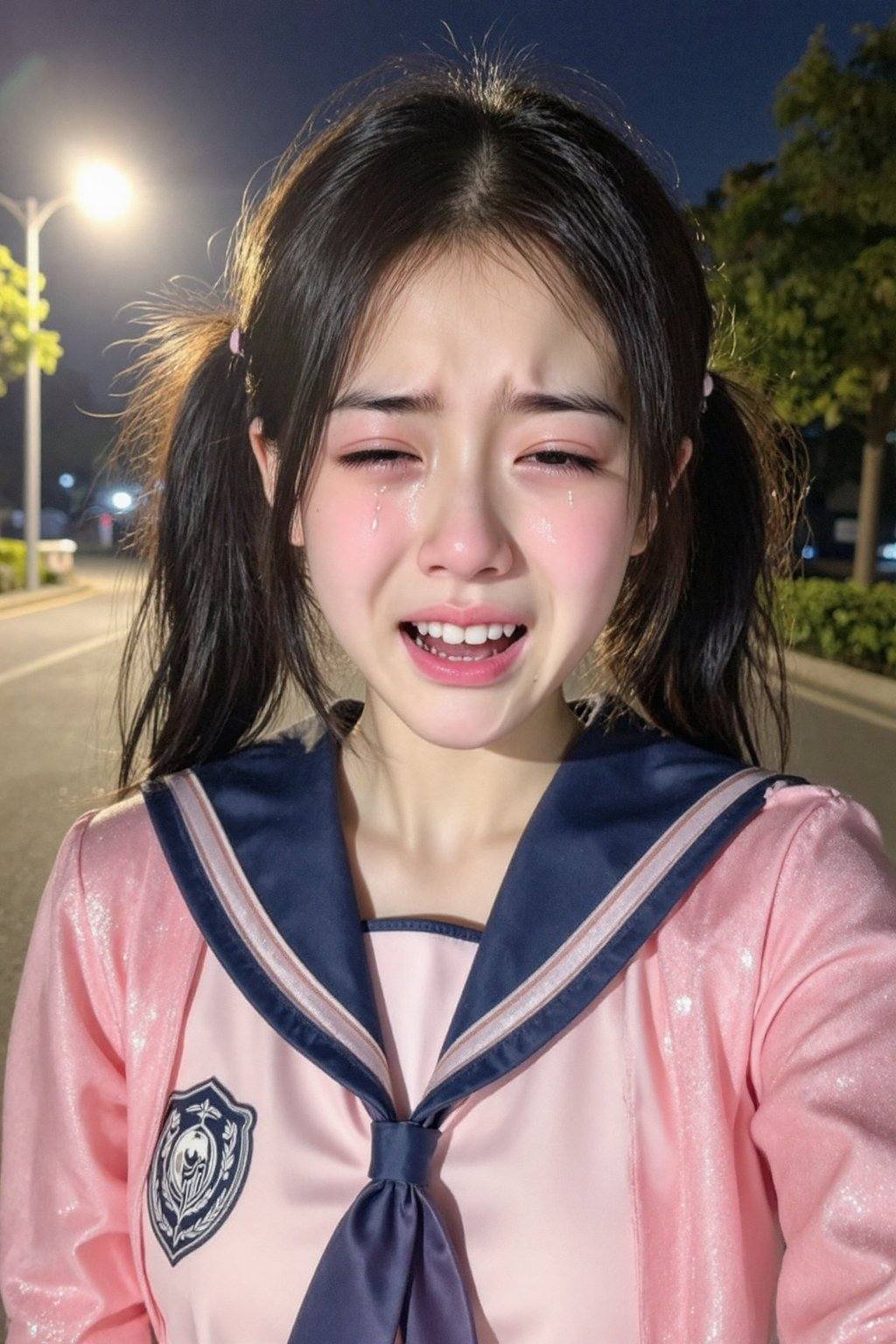 A young East Asian female,  appearing to be in her late teens or early twenties,  with black hair styled in two pigtails o...