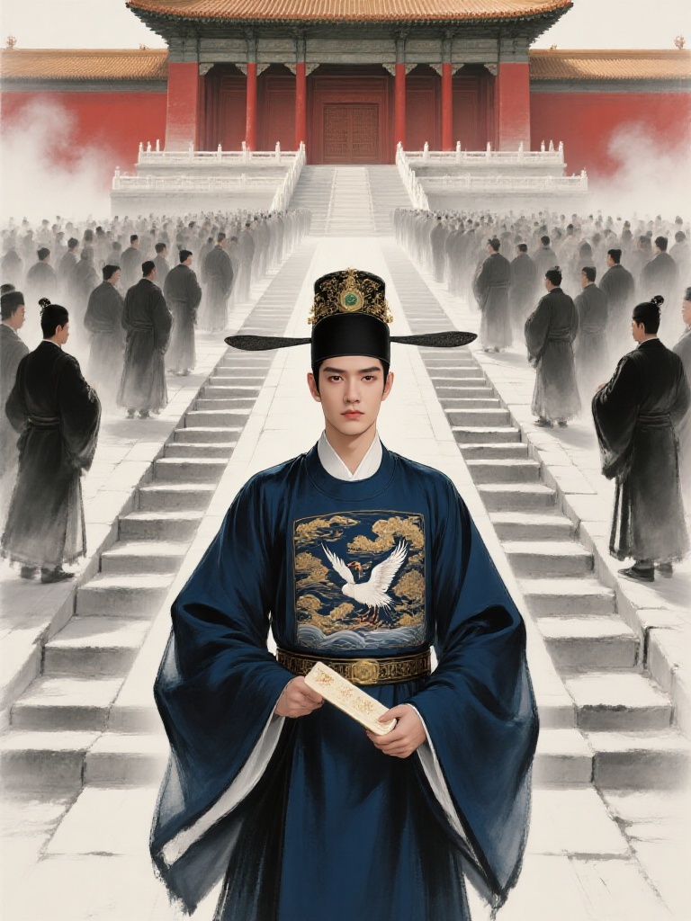 zanghz,A man dressed in a deep blue Ming Dynasty civil official robe (featuring a crane rank badge on the chest, adorned with golden cloud and wave patterns, and a golden waist belt),wearing an official hat decorated with green gemstones and gold motifs,holds a hu (a tablet used by officials in court) in his left hand. He stands before a majestic Forbidden City-style palace with vermilion walls and golden roofs. On both sides of the broad stone steps,crowds of people are faintly visible in a misty,blurred effect,enhancing the solemnity of the imperial court ceremony. The artwork blends gongbi (fine brushwork) (detailing the robe's patterns, the texture of the hu, and the palace architecture) with ink wash techniques (black ink splashes and misty, ethereal crowds),using a color palette of deep blue (robe),vermilion (palace walls),and gold (roofs) to evoke a dignified,historical atmosphere rich in cultural heritage. The scene captures the grandeur of an ancient court ritual,with meticulous details (e.g., cloud patterns on the robe, palace eaves) and a fusion of traditional Chinese artistry,creating a visually striking and narratively profound image reminiscent of a historical official's court appearance.,