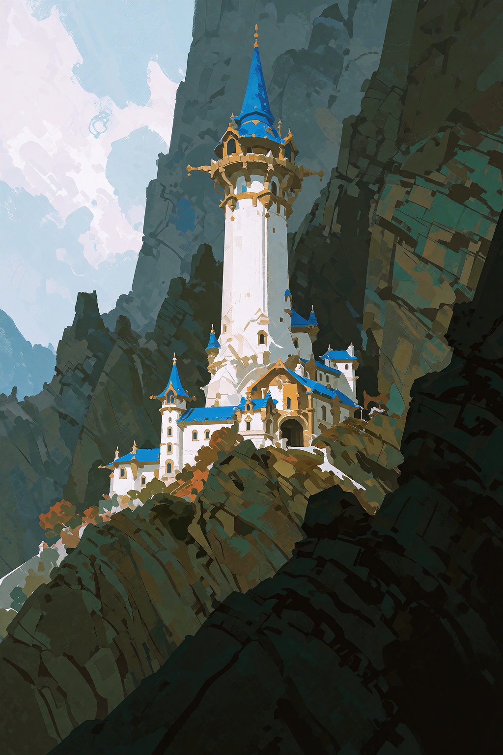 A tall white tower with a blue pointed roof stands as the central structure within a mountainous landscape of dark green a...