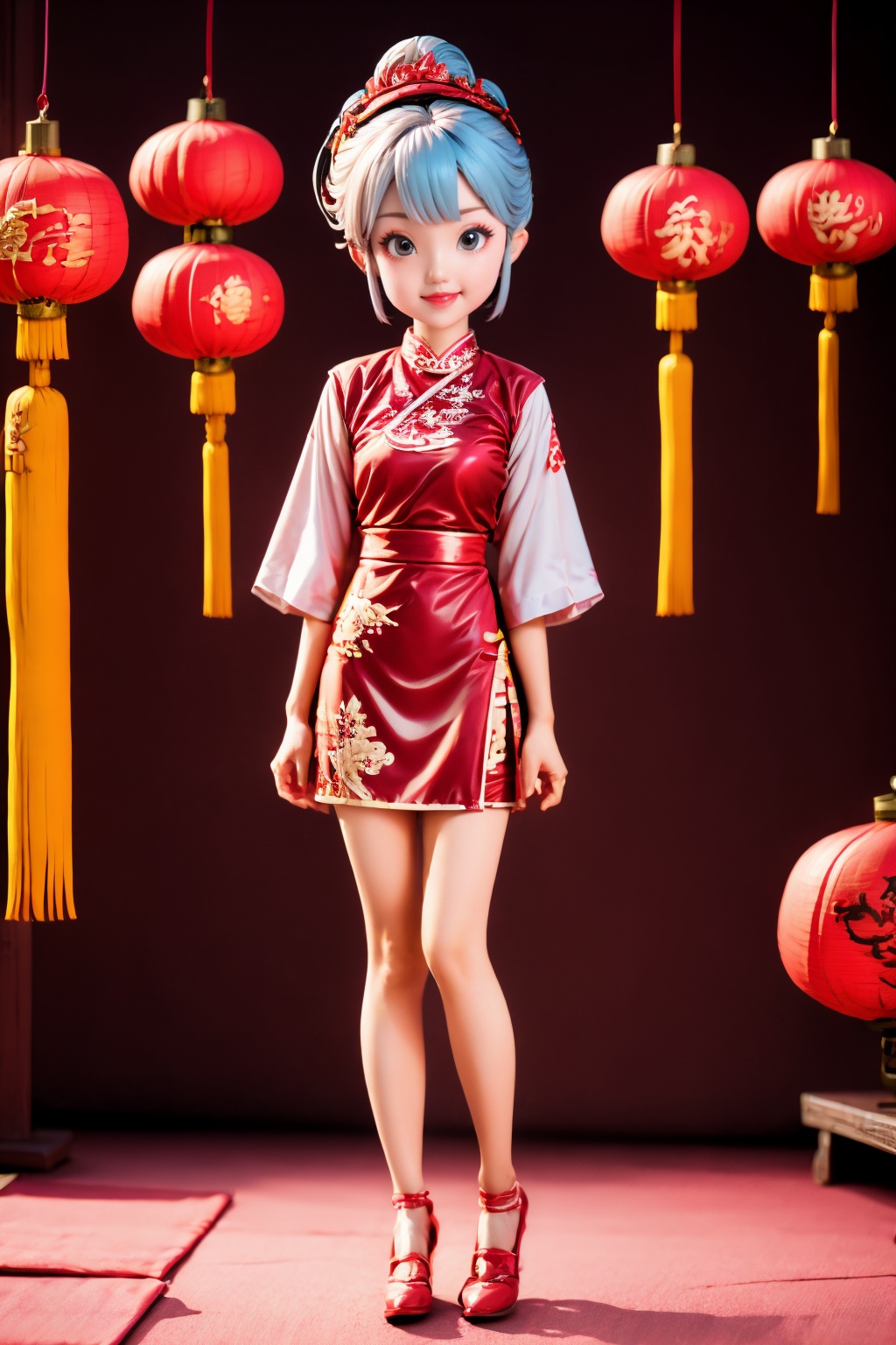 <lora:ChineseNewYear:0.8>, chinese new year, girl, (smirk:-0.4), short hair, arms at sides, red chinese clothes, paper lantern, full body, leather shoes, (chibi:0.5),