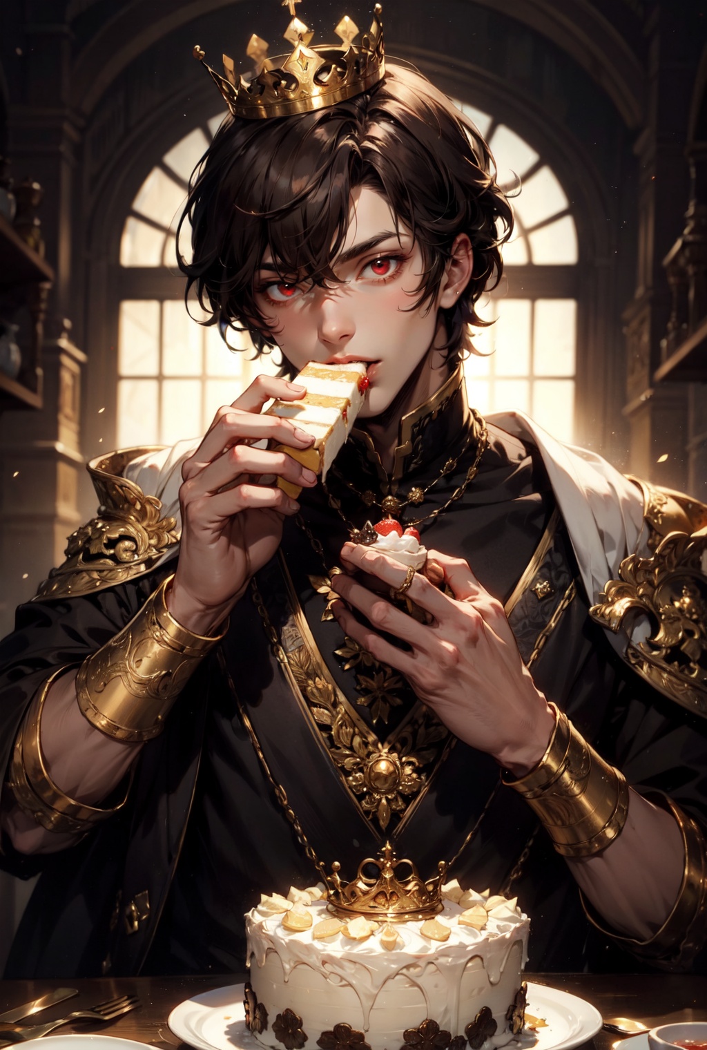 Prince with shoulder-length dark brown hair,  and red eyes,  wears a golden crown on Tensor.Art