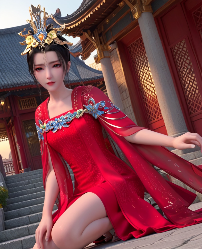 (oriental architecture, elegant decor, sophisticated style:1.1),(one knee:1.1),(breasts:1.2),<lora:XL少年歌行李寒衣婚服:0.95>,miss lihanyi,red chiffon strapless sundress,red shawl sleeves,flower shaped hair ornament,black hair,eyeshadow,brown eyes,jewelry,red lips,, score_9,score_8_up,score_7_up,score_6_up,score_5_up,score_4_up,3d rendering,tag1,tag2, Cinematic Lighting,backlighting,