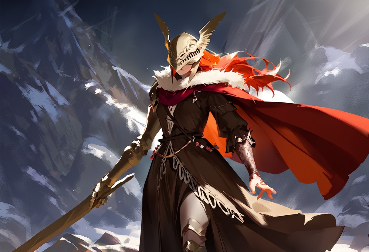 1girl,shiro9jira, ciloranko, ask \(askzy\), (tianliang duohe fangdongye:0.8),leg armor, chainmail, brown dress, red cape, malenia blade of miquella, white fur trim, golden winged helmet, single mechanical arm, scar, fiery red hair, weapon, sword, holding, holding weapon, holding sword, closed mouth, action pose, dramatic lighting, rock background, digital illustration, motion, dynamic composition, adventure, cinematic quality, cowboy shot,masterpiece, best quality, newest, absurdres, safe<lora:nws_v1.2-000013:1>