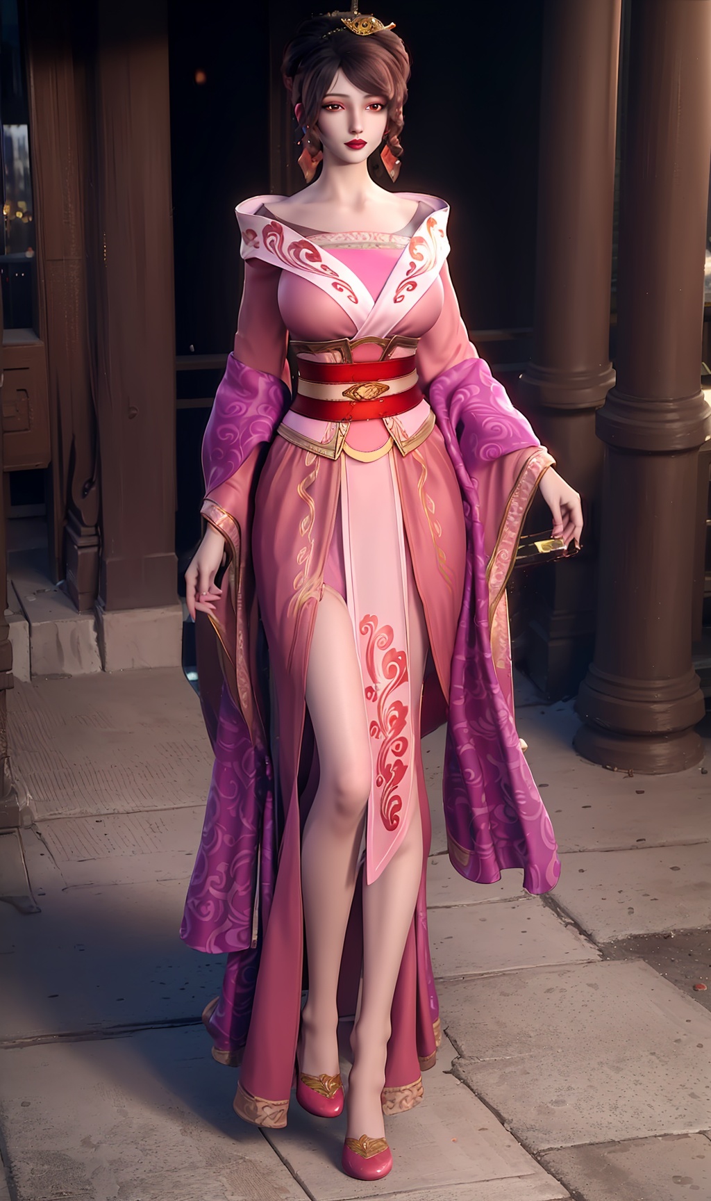 3D,masterpiece,(best quality),(makeup),official art, extremely detailed cg 8k wallpaper,((crystalstexture skin)), (extremely delicate and beautiful),(highly detailed),(face),(tiara),(hairpin),(closed_mouth),(1girl), (solo), (jewelry), (earrings),(brown_hair),(long_hair),(hair_ornament),(handwear),(breasts),(standing),((full_body,whole_body)),(dress),(skirt),(shiny_clothes),(city,outdoor),(belt),(long_sleeves),(multicolored_clothes),(multicolored_dress),(sash),(long_legs),,,((looking_at_viewer)),((Facing the camera)),(shoes),(red_shoes),, <lora:hipoly3DModelLora_v10:0.3>