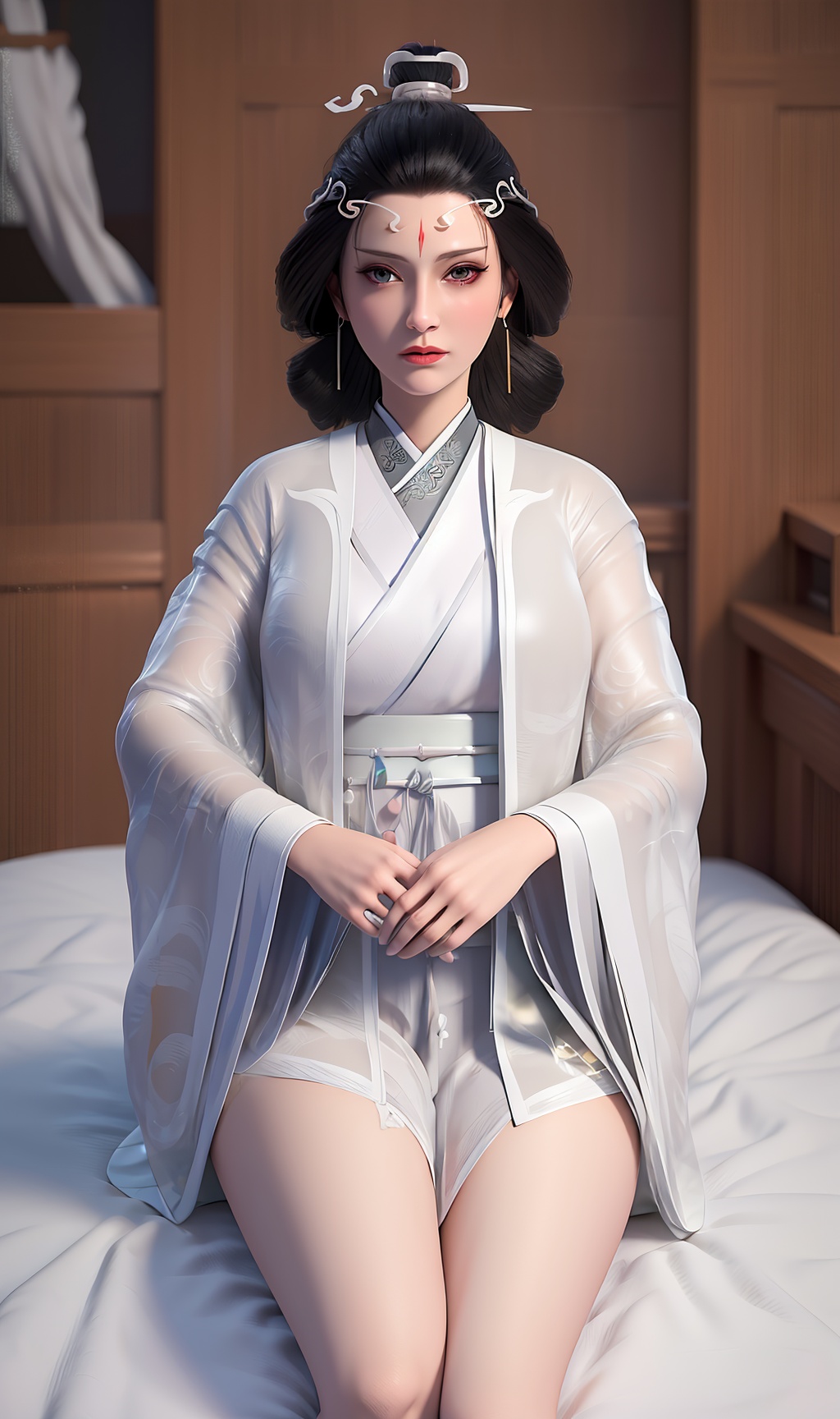 3D,masterpiece,(best quality),(makeup),official art, extremely detailed cg 8k wallpaper,((crystalstexture skin)), (extremely delicate and beautiful),(highly detailed),(face),(tiara),(collar),(hairpin),(wide_sleeves),(1girl), (solo), (jewelry), (earrings),(black_hair),(long_hair),(hair_ornament),(handwear),(breasts),((sitting)),((upper_body)),((closed_mouth)),((long_dress)),(shiny_clothes),((hanfu)),(city,indoor,bed),((thighs)),,((looking_at_viewer)),((Facing the camera)),, <lora:hipoly3DModelLora_v10:0.3>