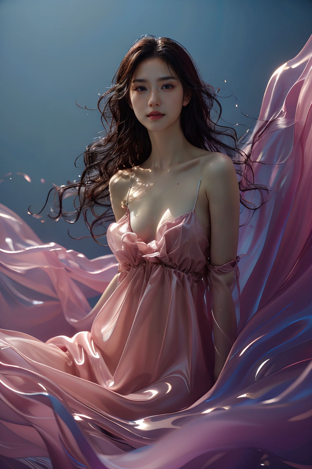 sd mai, piao, 1girl, solo, breasts, long hair, parted lips, dress, looking at viewer, cleavage, brown hair, bare shoulders, medium breasts, lips, pink dress, collarbone, brown eyes<lora:piao:0.8>