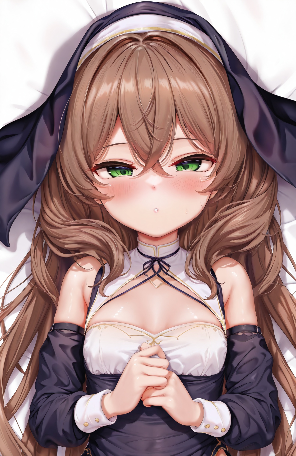 masterpiece,absurdres,best quality,((petite)),loli,high quality,chromatic_aberration,shiny_skin,//,1girl, solo, long_hair, green_eyes, brown_hair, looking_at_viewer, blush, lisa_\(genshin_impact\), lying, on_back, dakimakura_\(medium\), breasts, bed_sheet, parted_lips, hair_between_eyes, habit, nun, bare_shoulders, detached_sleeves, upper_body, crossed_bangs, veil, criss-cross_halter, neck_ribbon, small_breasts//,<lora:kokuto_(kurousagi1210)——【CKXL】hans:0.88>,