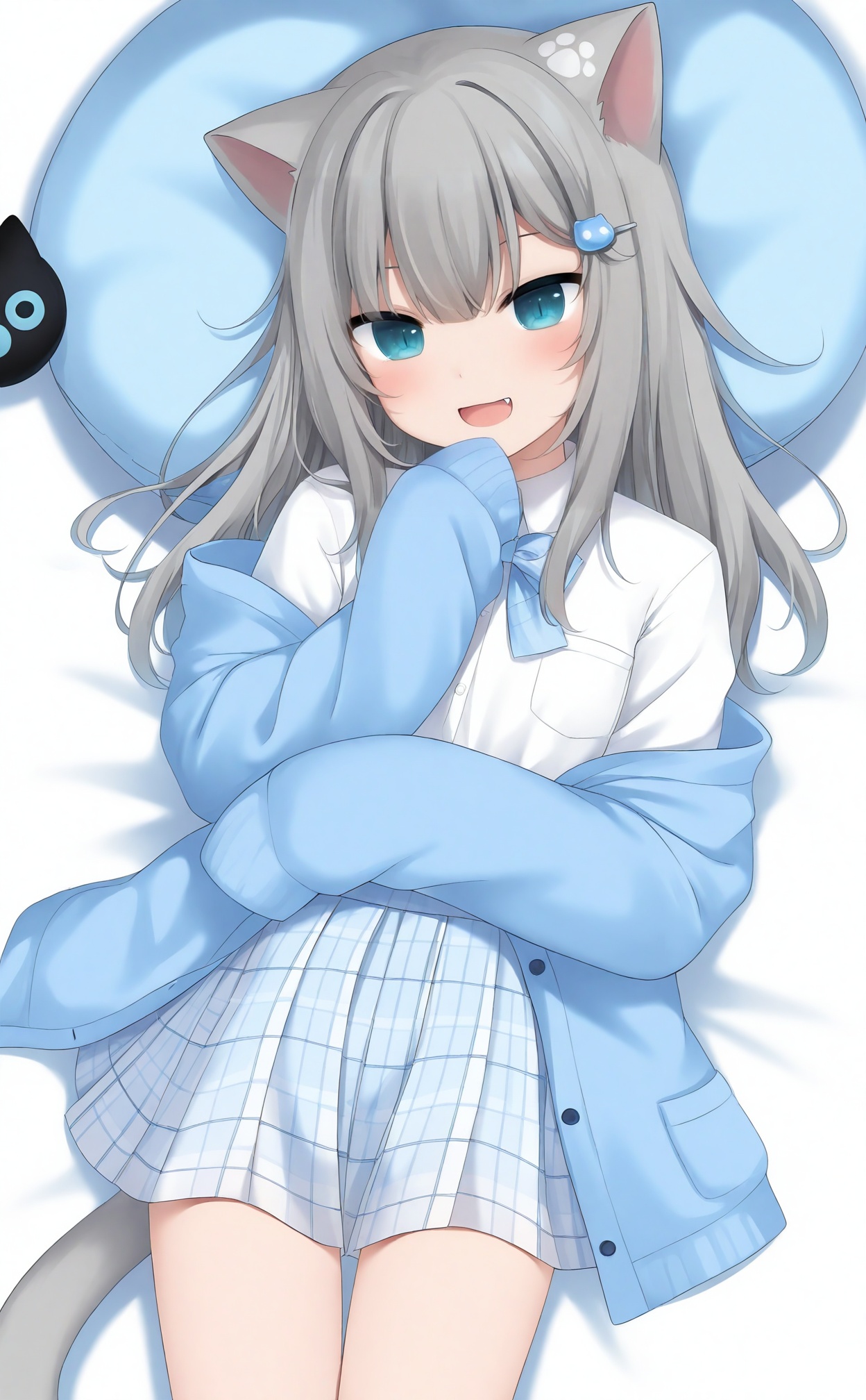masterpiece,absurdres,best quality,loli,petite,high quality,chromatic_aberration,//,1girl,animal_ears,tail,grey_hair,sleeves_past_wrists,cat_ears,skirt,cat_tail,sleeves_past_fingers,blue_eyes,virtual_youtuber,solo,cat_girl,shirt,pleated_skirt,white_background,white_shirt,long_sleeves,off_shoulder,looking_at_viewer,blue_jacket,on_stomach,pillow,fang,simple_background,jacket,hair_ornament,lying,open_mouth,white_skirt,plaid,plaid_skirt,blush,food,smile,:d,blue_cardigan,skin_fang,//,//,<lora:gancheng——【noob】hans:0.88>,