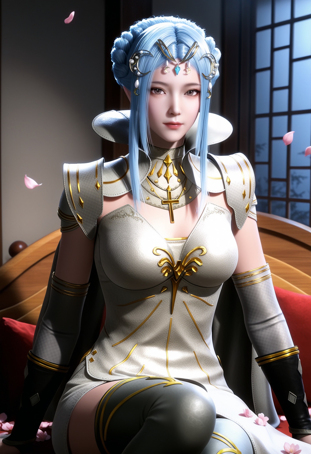 masterpiece,best quality,amazing quality,high resolution,ultra-detailed,absurdres,(looking at viewer:1.1),upper body,(Dark room:1.3),(moody lighting:1.1),peach blossom,falling petals BREAK large breasts,tangyuehua,1girl,solo,light blue hair,hair ornament,hair bun,dress,sidelocks,braid,elbow gloves,realistic,brown eyes,high collar,necklace,detached sleeves,golden cross decoration,jewelry,armor,long hair,cape,thighhighs,thigh boots BREAK photorealistic details,<lora:QQSilltangyuehuaV1:0.8>,