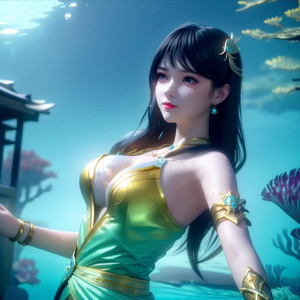 <lora:739-DA-斗破苍穹-慕青鸾:0.8>, (,1girl, ,best quality, ),looking at viewer,masterpiece, ((((, solo,  , ,solo focus, ,underwater, )))) ,ultra realistic 8k cg,   clean, masterpiece,     cinematic lighting, cinematic bloom,  (( , )),, , unreal, science fiction, luxury, jewelry, diamond, gold, pearl, gem, sapphire, ruby, emerald, intricate detail, delicate pattern, charming, alluring, seductive, erotic, enchanting, hair ornament, necklace, earrings, bracelet, armlet,,(cleavage),