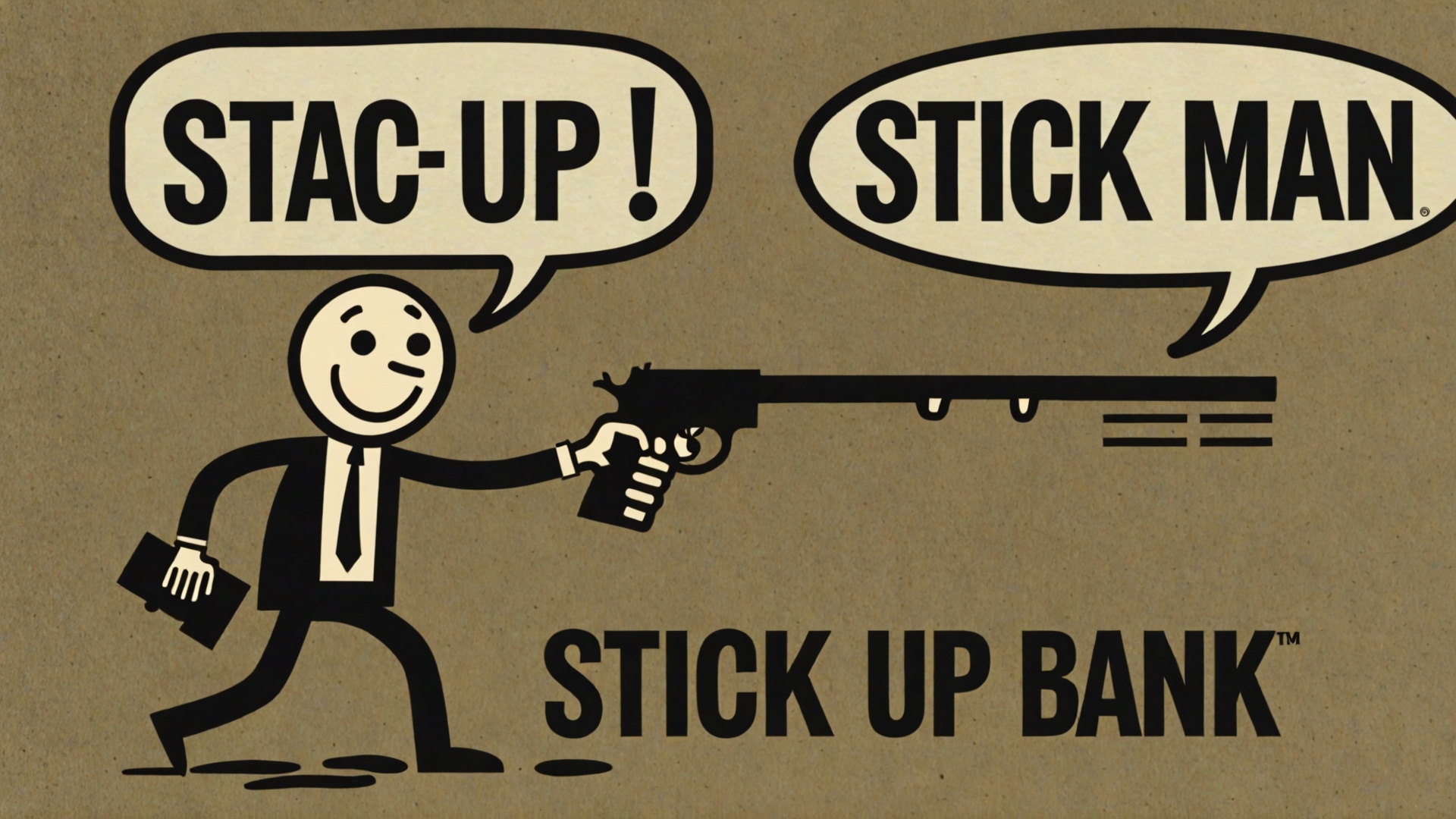 mad stick man with gun robbing stick bank with a text bubble that says "stick up bank man" on Tensor.Art