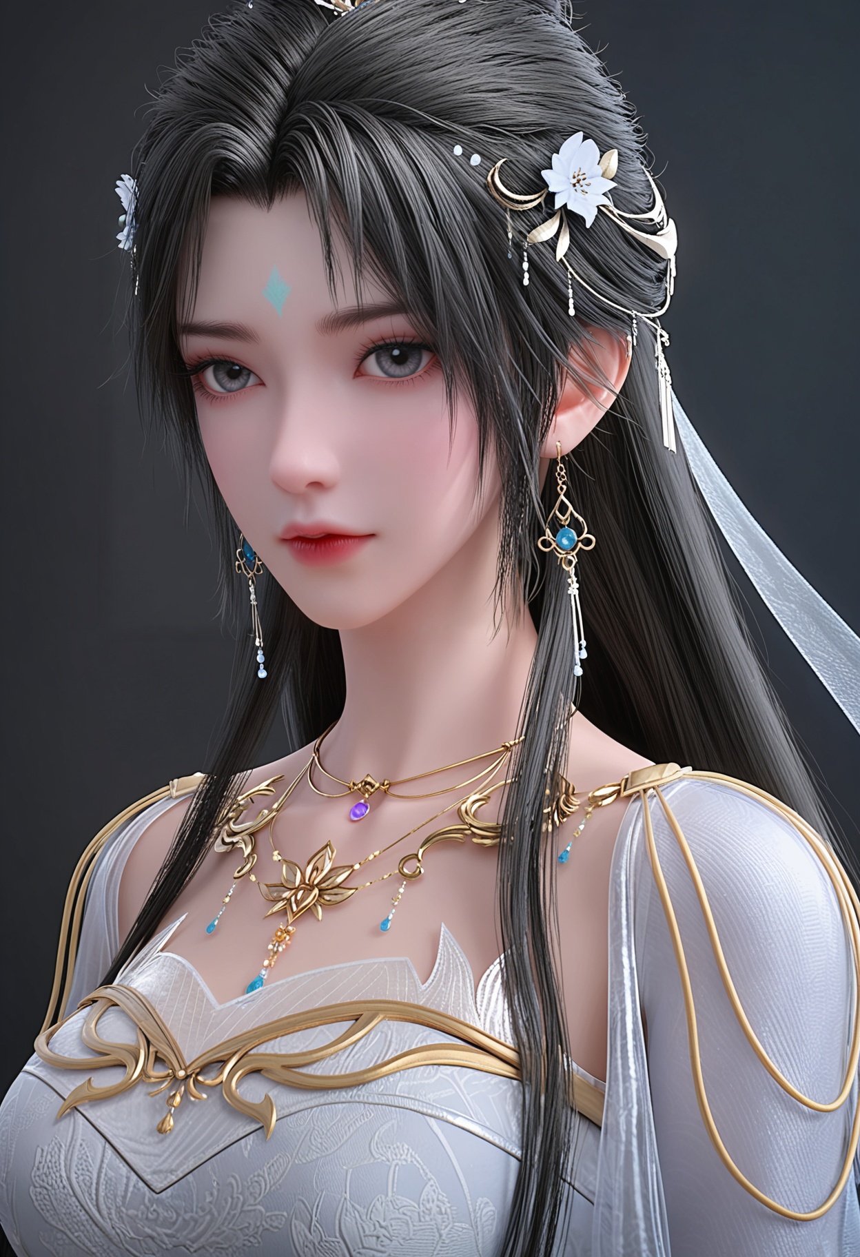perfect_anatomy,score_9,(upper_body:1.1),looking_at_viewer,<lora:YQ_pony_qingyi_V3:0.8>,q1528437228,1girl,solo,yqqingyi,black hair,long hair,jewelry,earrings,hair ornament,white dress,necklace,facial mark,sash,hair bun,forehead mark,chinese clothes,perfect_anatomy BREAK perfect_anatomy,simple background,black background,(shiny_skin),(Ivory_skin:1.1),(cinematic lighting),