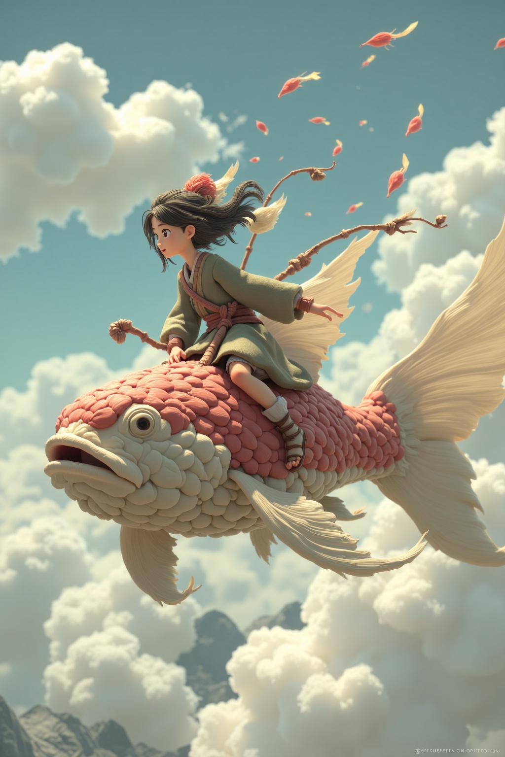 beijihui,girl riding giant goldfish through sky,