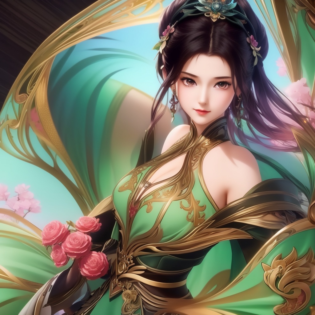 <lora:715-DA-师兄啊师兄-龙吉:0.8>(,1girl, ,best quality, ),looking at viewer,,anime,(masterpiece, top quality, best quality, official art, beautiful and aesthetic:1.2), (1girl)	, , (cleavage),extreme detailed,(fractal art:1.3),colorful, flowers ,highest detailed,()    (cleavage), (),