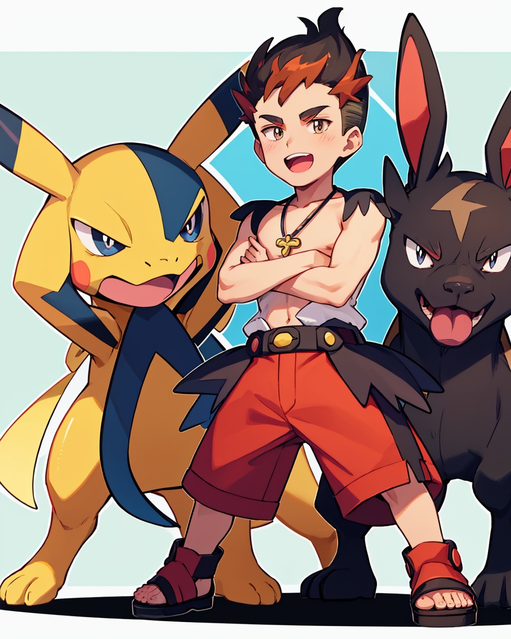masterpiece,best quality, highly detailed, kiawe (pokemon),red shorts, pokemon (creature), dark-skinned male, topless male, 1boy, male focus, open mouth, necklace, crossed arms, :d, yellow footwear, upper teeth only, outline, standing, sandals,<lora:kiawe_(pokemon):1>