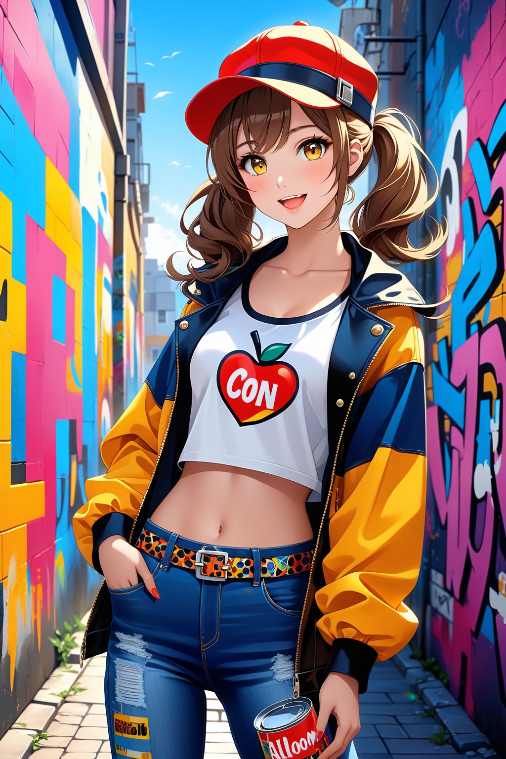 best quality,high resolution,distinct image,best quality,high resolution,distinct image,Original Characters,Natural Volumetric Lighting And Best Shadows,Deep Depth Of Field,Sharp Focus,Portrait Of Stunningly Beautiful Petite Girl,Soft Delicate Beautiful Attractive Face With Alluring Yellow Eyes,Lovely Small Breasts,Sharp Eyeliner,Seductive Smiling,Open Mouth With Cute Fangs Out,Windswept Disheveled Brown Hair,Thick Layered Medium Twintail Hairstyles,Blush Eyeshadow With Thick Eyelashes,Parted Lips,Applejack Hat,Oversized Pop-Art Jacket,Slim Waist With Open Cute Navel,Denim Jeans Pants With Buckle Belt,(Messy Painted Body:1.05),(Holding Spray Paint Can:1.1),(Graffiti Murals Wall Background:1.15),(Standing On Narrow City Streets Crossword:1.2),(Highest Quality, Amazing Details:1.4),Masterpiece,Bloom,Picturesque,Brilliant Colorful Paintings,masterpiece,Hd,