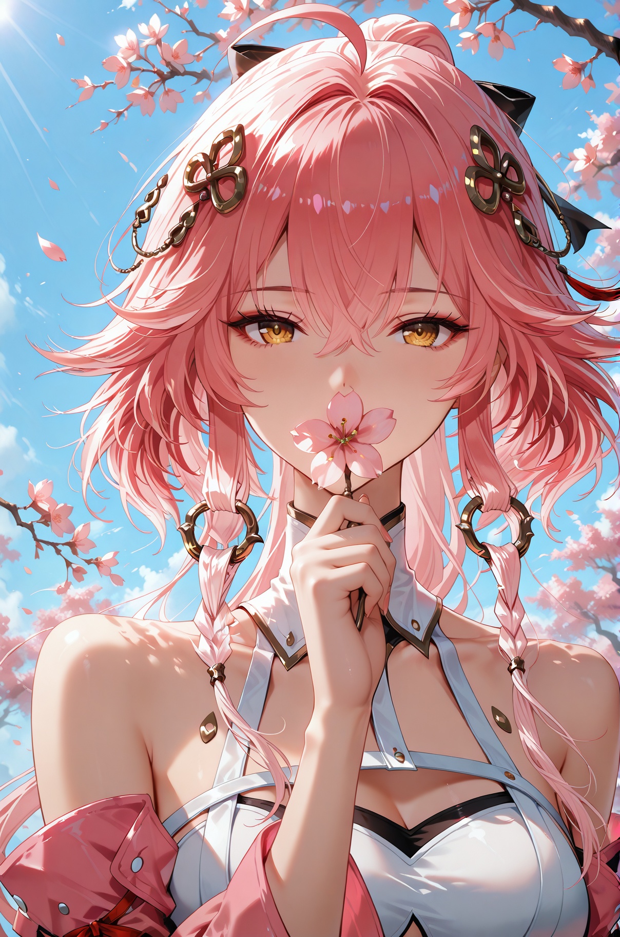 1girl,solo,cherry blossoms,shirt,detached sleeves,holding,petals,flower,looking at viewer,upper body,branch,pink flower,white shirt,sleeveless,bare shoulders,collared shirt,sleeveless shirt,holding flower,outdoors,falling petals,day,sky,blue sky,leaf,eyelashes,light particles,dappled sunlight,sunlight,pink sleeves,pink theme,tree,long sleeves,covering mouth,hand up,covered mouth,<lora:长离长离:1>,changli,1 woman,yujie,long hair,bangs,hair ornament,hair between eyes,yellow eyes,pink hair,ahoge,red hair,