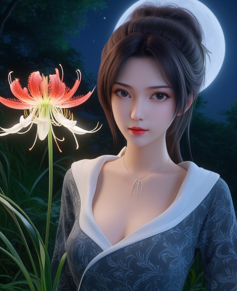 <lora:577-DA-XL-斗破苍穹-云韵-黑服:0.8>(,1girl, ,best quality, ),looking at viewer,  ,,ultra detailed background,ultra detailed background,ultra realistic 8k cg, ,masterpiece, spider lily,full moon, (cleavage), (),