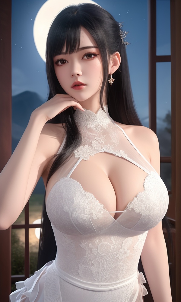 (,1girl, ,best quality, ),looking at viewer, <lora:418-DA-百炼成神-莫雨馨:0.8> ,ultra detailed background,ultra detailed background,ultra realistic 8k cg, ,masterpiece, (( , )),, ,fiction,mole,,      ,(cleavage), (),  ,see-through, lace, (((, solo, moon, , bare_tree, )))(cleavage), 1girl, , , depth_of_field, solo, , ,