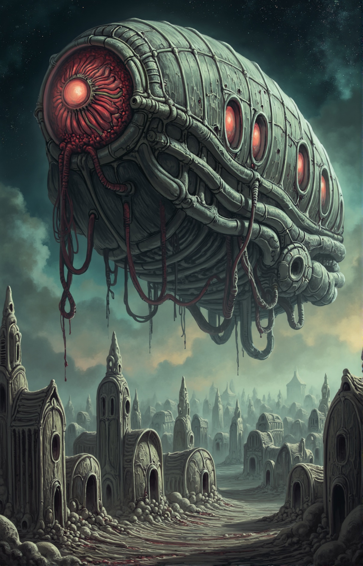 Distant shot of a colossal biomechanical dirigible drifting above a dead settlement in style of AITB_FLUX_scorn . Its ball...