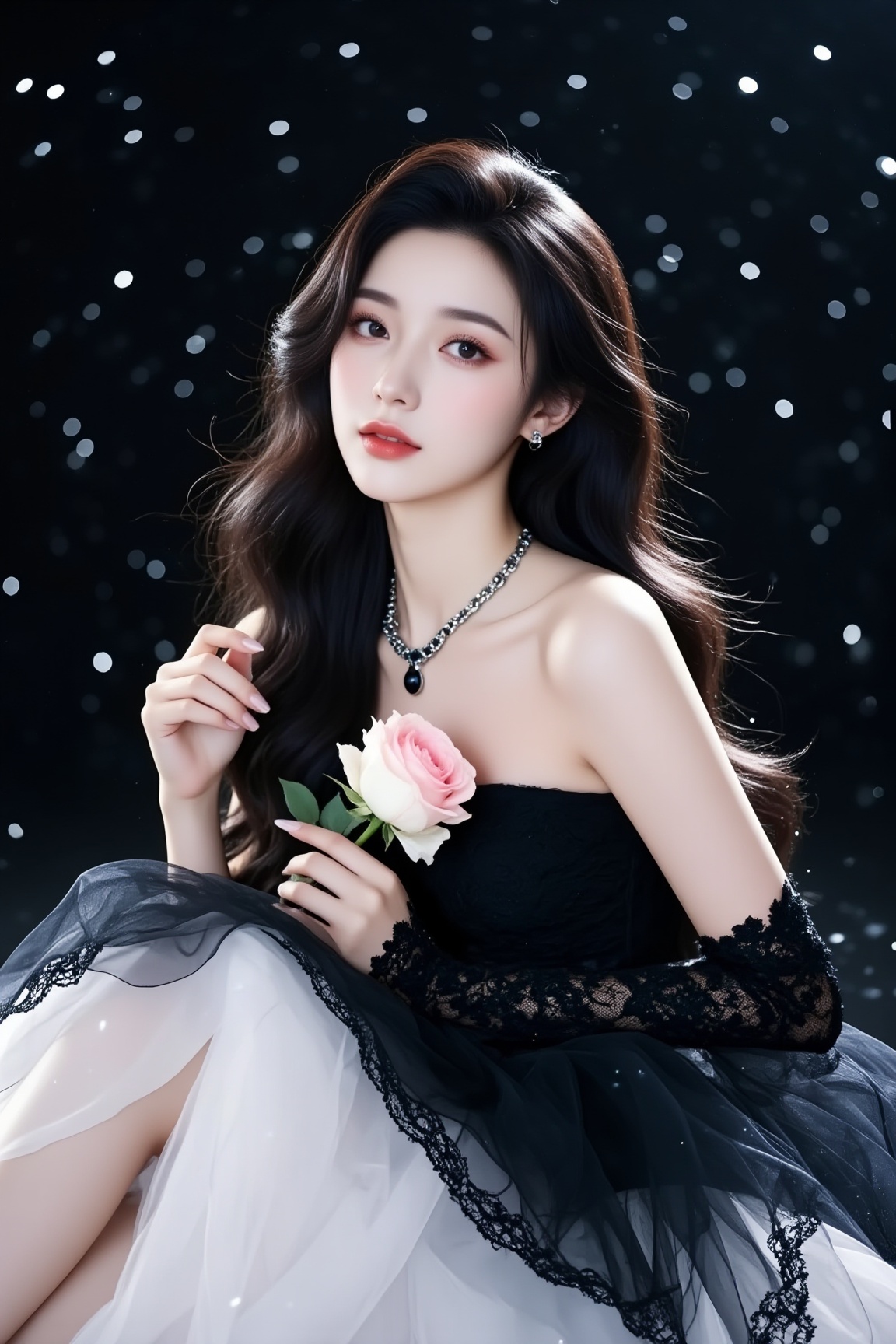 <lora:YY-拽姐F.1:1>,a young Asian woman with long, wavy black hair and fair skin, sitting against a dark, starry background. She has a delicate, elegant appearance, with a slim physique and a refined, poised demeanor. She is wearing an elaborate, strapless gown in a striking black and white color scheme. The gown features a sweetheart neckline and is adorned with intricate lace detailing on the bodice and skirt. The skirt is voluminous, made of layers of sheer white fabric with black lace trim, creating a dramatic contrast. She is holding a single white rose in her left hand, with a delicate pink rose resting on her shoulder, adding a touch of softness to the image. Her makeup is subtle yet sophisticated, with a focus on her almond-shaped eyes and full, pink lips. She wears a silver necklace with a black accent, adding a touch of elegance. The background is a deep black, dotted with white star-like specks, enhancing the ethereal and romantic feel of the scene. The overall composition is balanced and graceful, with a focus on elegance and beauty.