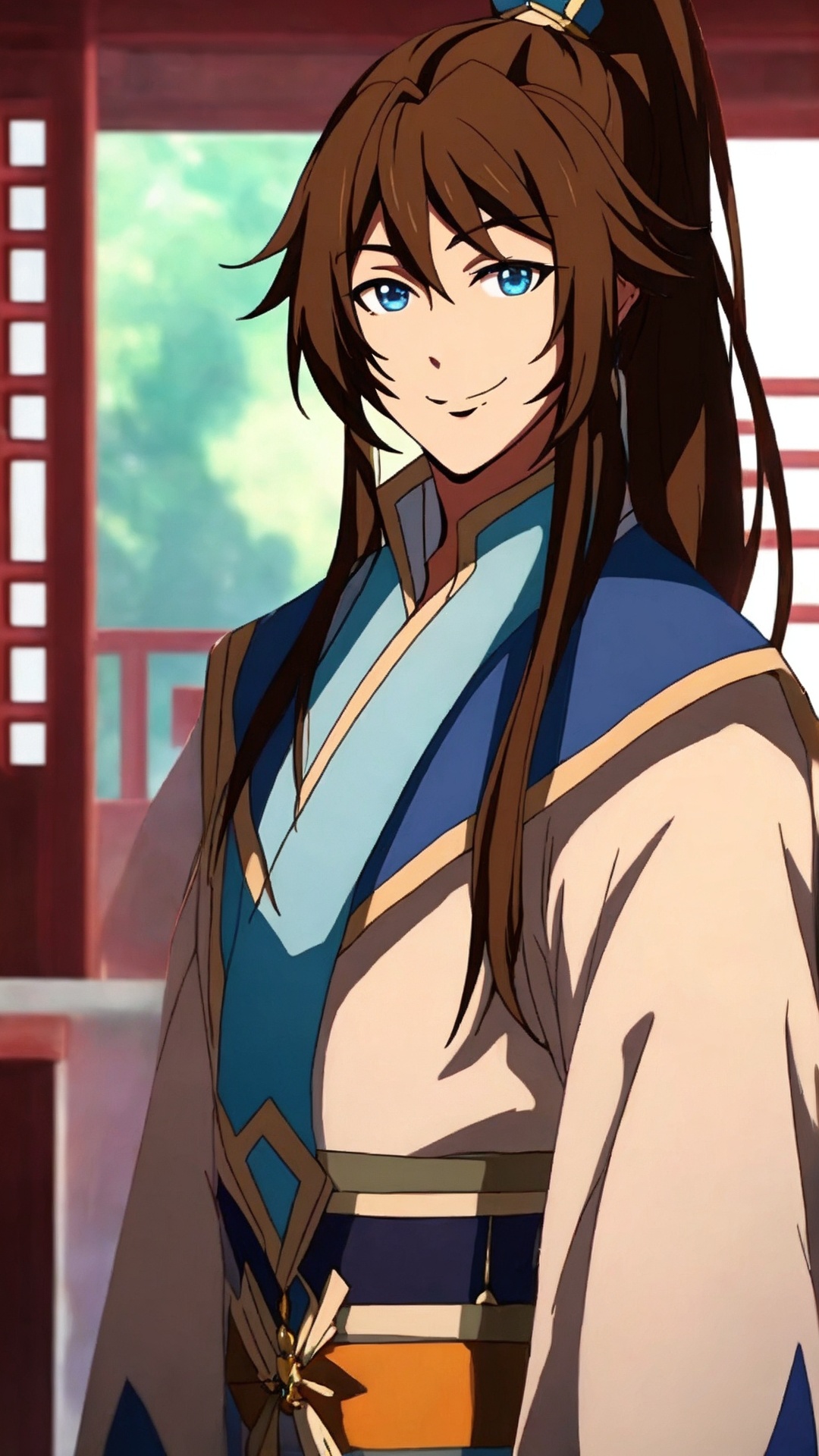 1boy,male focus,solo,long hair,blue eyes,brown hair,smile,ponytail,upper body,hair ornament,high ponytail,chinese clothes,<lora:boy baixiaochun_20240911193625:0.7>,