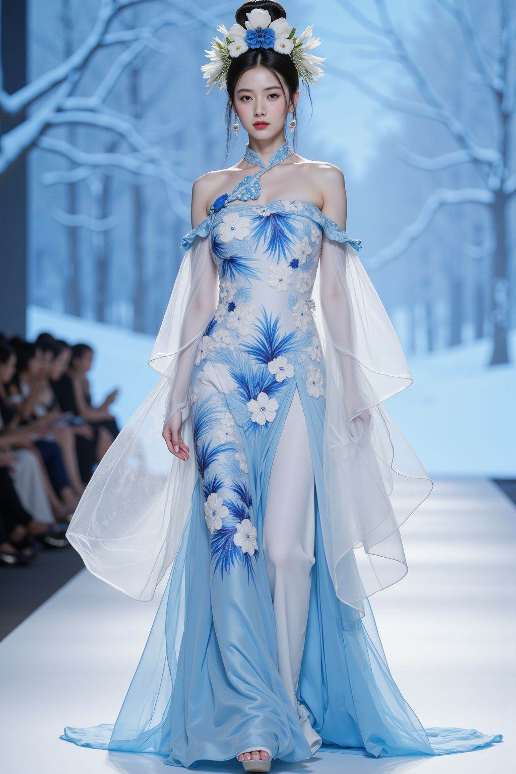 An ethereal scene at a fashion show, a young Asian woman with pale skin and delicate features walks down a runway, she sports a traditional Chinese qipao with long blue and white floral designs, her gown combines flowing silk fabric and voluminous, asymmetrical sleeves, the background presents a serene, snowy landscape with blurred trees and a soft blue hue, enhancing the tranquil ambiance, her hair is styled in an elegant updo adorned with a flower crown, the overall visual is rich in textures and vibrant colors, with soft, ambient lighting casting a gentle glow.