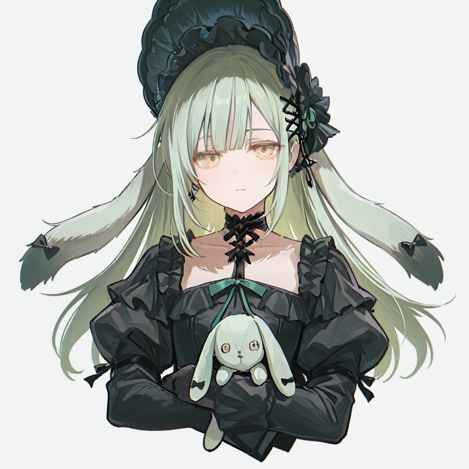 masterpiece, best quality,solo,(white background:1.2),simple background,1girl,looking at viewer,        Wakaba Mutsumi,long hair,green hair,bangs,blunt bangs,yellow eyes,hair ornament,hairclip,blonde hair, gloves, long sleeves, dress, bow,flower,boots,frills, choker, black gloves,black footwear,black dress, black headwear,black bow, black choker,stuffed toy,frilled dress, knee boots, stuffed animal, lolita fashion, bonnet,collarbone,thighhighs,hat,jewelry,puffy sleeves,black thighhighs,high heels, gothic lolita, stuffed bunny,Lop Ear,animal ears<lora:舟睦1ll01e:0.8>