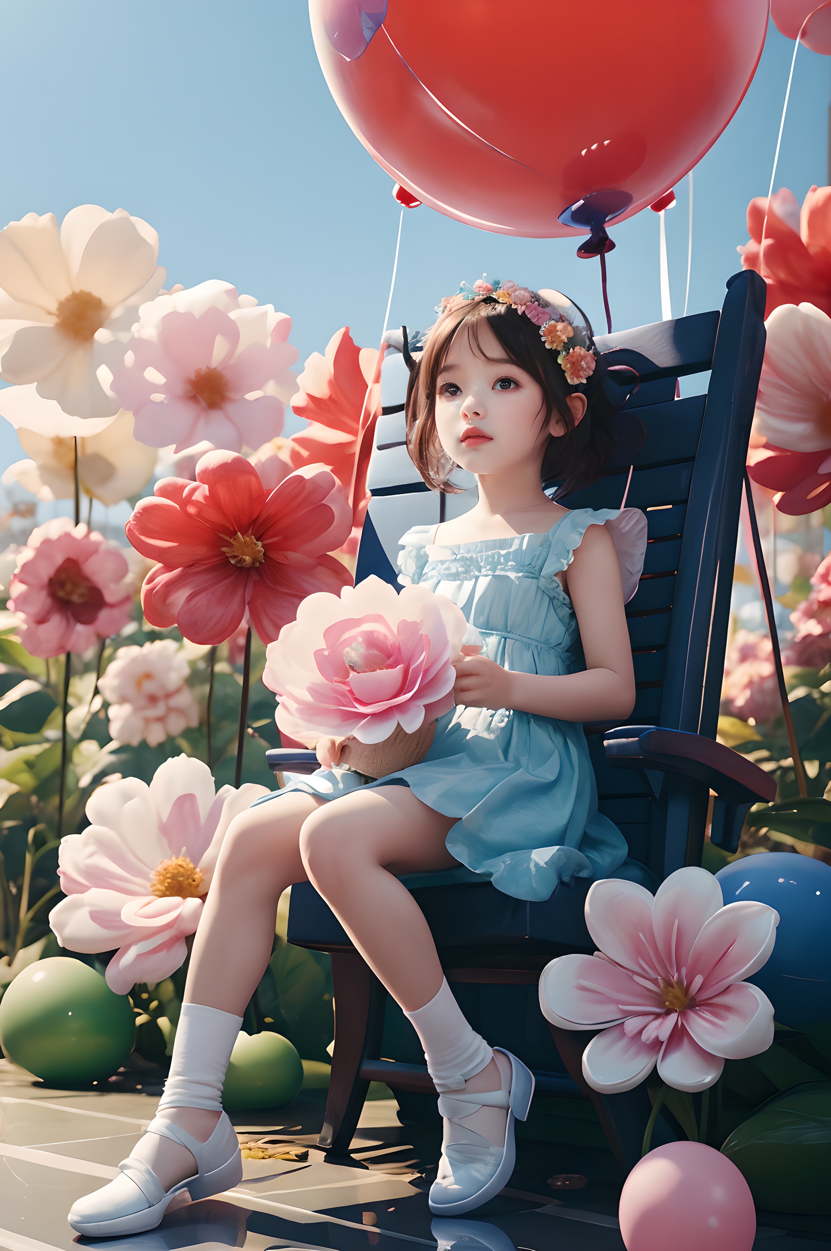 baby,3 years old,female children,<lora:Balloon Flowers_V10:0.6>,(sitting on a balloon),blooming flowers,(((the huge flower contrasts with the tiny girl))),middle of stamens,balloon flower,balloon,dream scene,CAD,unreal engine,shoes, <lora:Balloon Flowers_20231120130603:0.7>