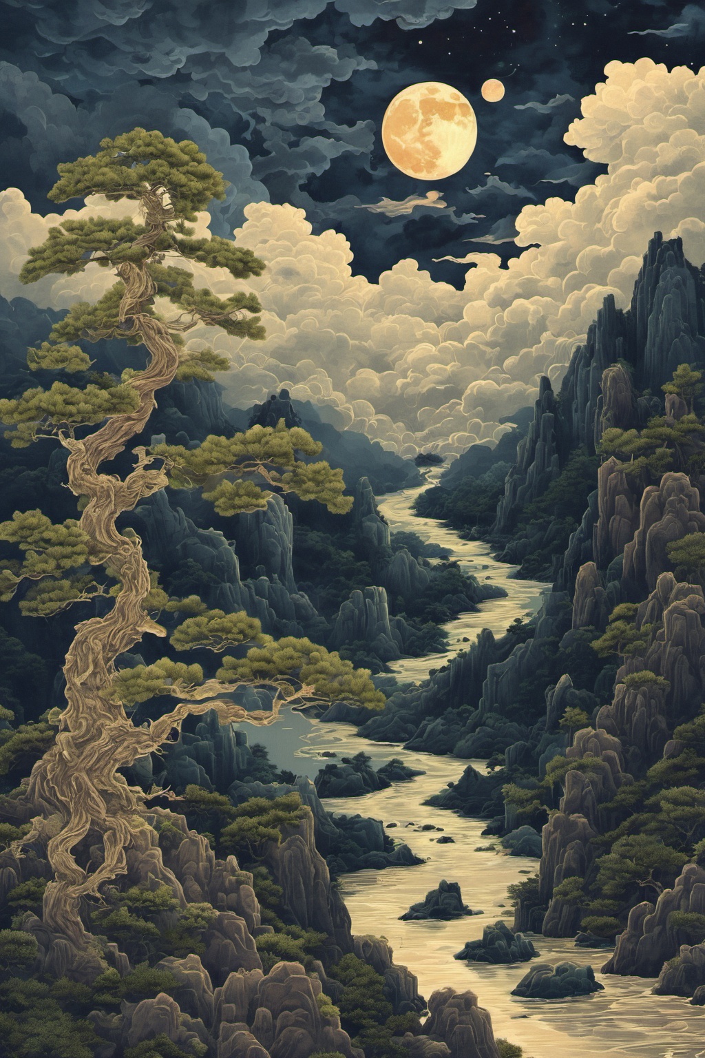 hhongj, cloud, no humans, tree, scenery, moon, sky, outdoors, full moon, cloudy sky, rock, nature, night, mountain, water,<lora:heijin-000008:0.8>,