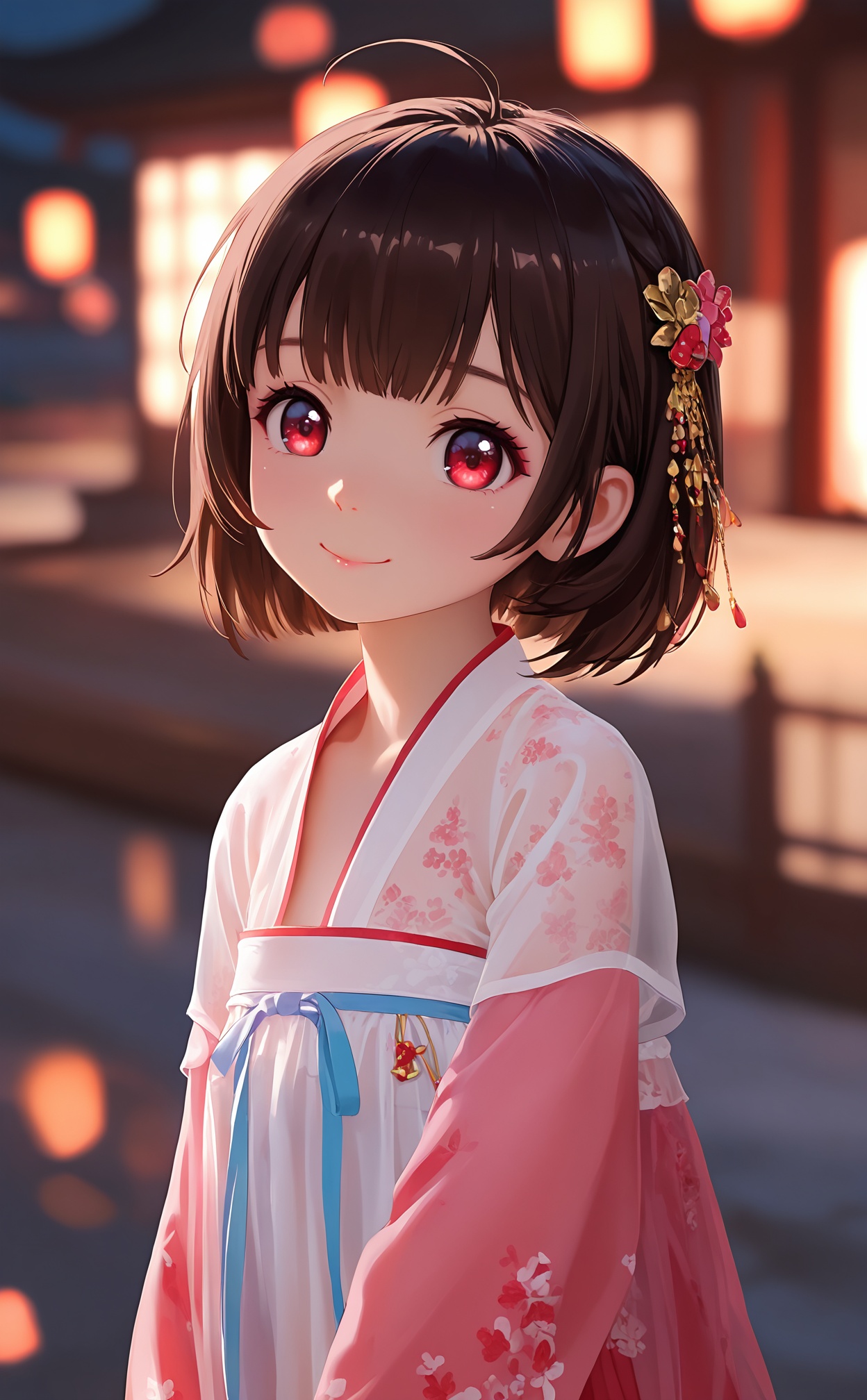 masterpiece,very aware,highres,absurdres,newest,best quality,loli,petite,high quality,chromatic_aberration,chromatic_aberration,cinematic_angle,dutch angle,//,night,1girl,solo,red eyes,hanfu,looking at viewer,hair ornament,short hair,upper body,brown hair,blurry,ahoge,bangs,see-through,depth of field,hanfu,smile,floral print,closed mouth,//,//,photorealistic,<lora:MMD3——【noob】hans:0.6>,