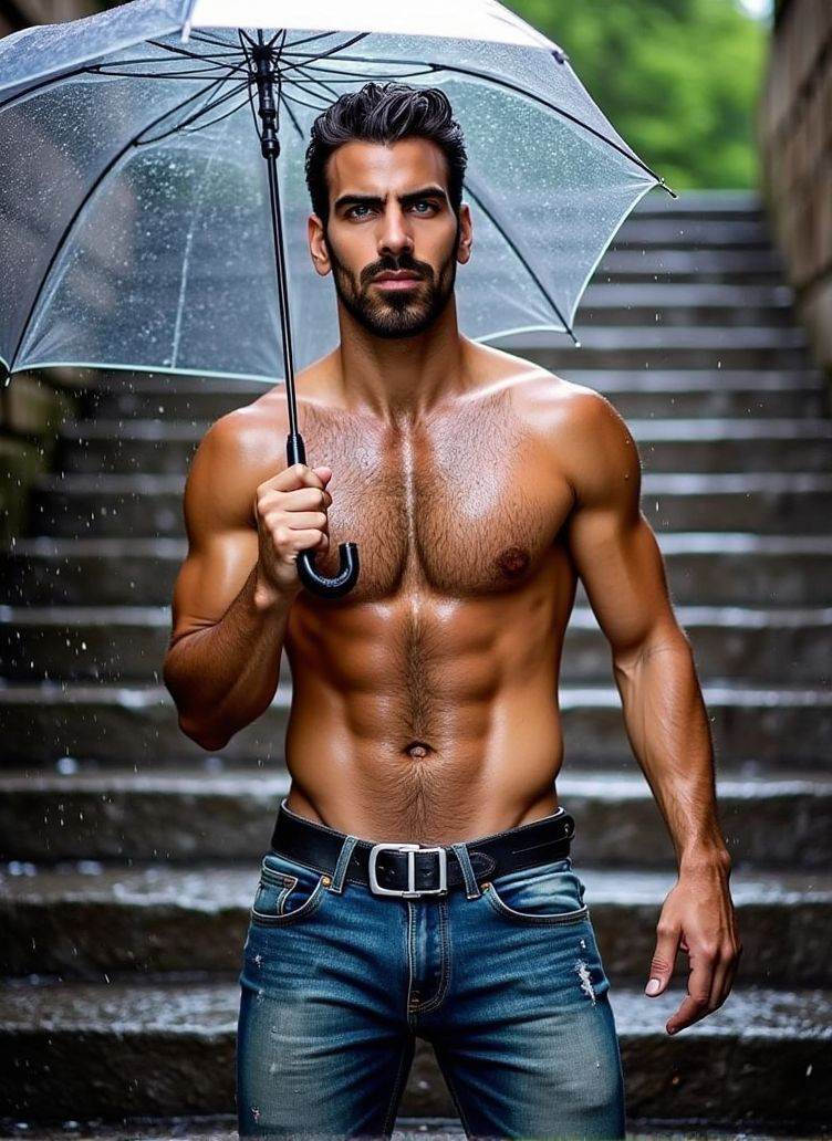 Nyle Dimarco ,  stands on a large stone staircase,  the rainwater cascading on the steps. He holds a transparent umbrella...