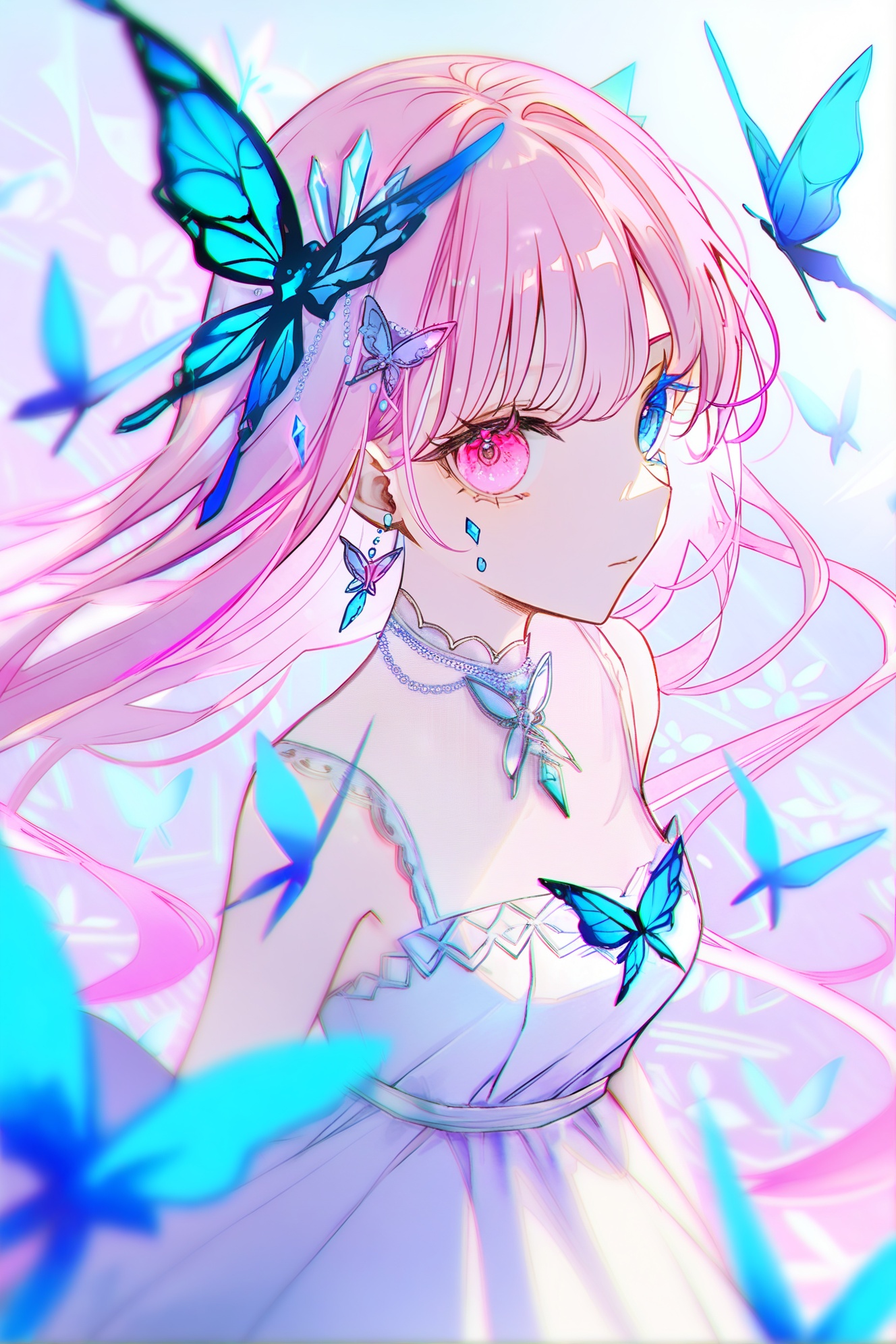 1girl, butterfly, solo, heterochromia, bug, dress, long hair, pink hair, jewelry, white dress, crystal, blue eyes, earrings, blue butterfly, hair ornament, pink eyes, flower, breasts, looking at viewer