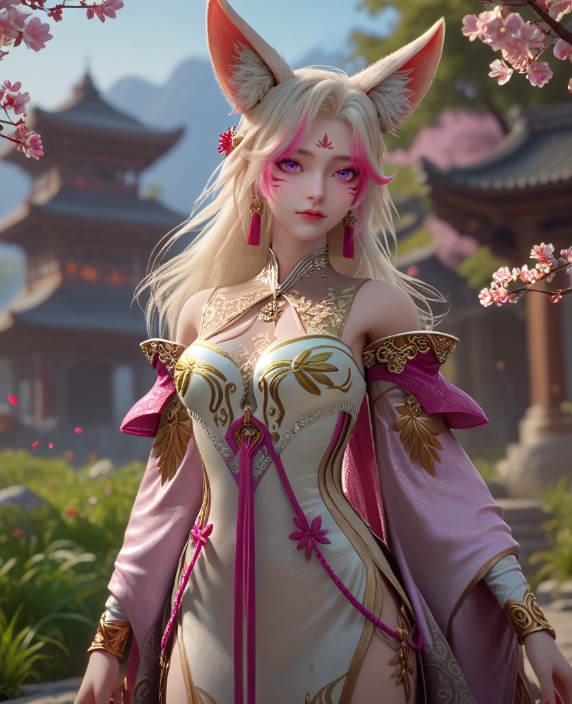 (oriental architecture, elegant decor, sophisticated style:1.1),(arm at side:1.1),(breasts:1.2),<lora:XL16克金玩家小狸:0.95>,1girl,white china dress,facial mark,purple eyes,pink streaked hair,white hair,long hair,fox ears,jewelry,earrings,pink shawl,bracelet,, zPDXL2, score_9, score_8_up, score_7_up BREAK realistic, masterpiece,best quality, highly detailed,, zPDXL3, zPDXL2,zPDXL, zPDXLxxx, zPDXLrl,
