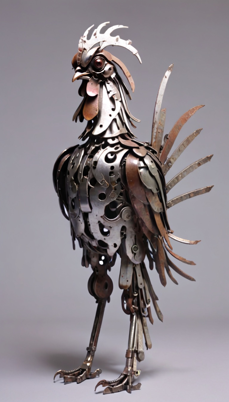 <lora:xl-shanbailing-1203metal element-000010:1>,bailing_metal,1girl,a girl made of worn-out metal,a metal sculpture of a bird made of various parts of metal parts and parts of metal parts,A rooster made of worn-out metal,Rooster,is shown,grey background,gradient,full body,gradient background,solo,no humans,shadow,bird,robot,traditional media,non-humanoid robot,
