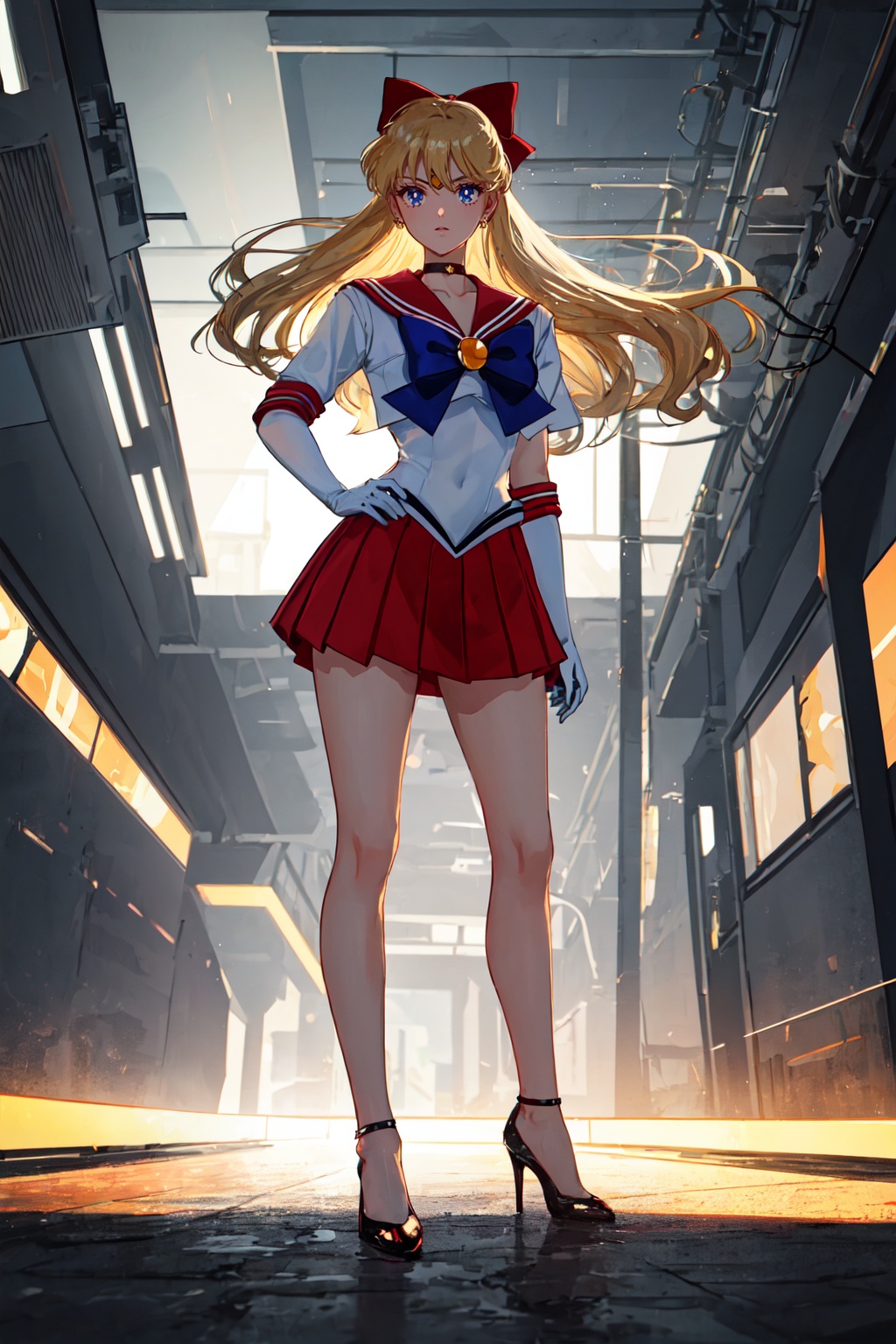 1girl,looking at viewer,solo,long hair,very long hair,blonde hair,blue eyes,choker,tiara,sailor collar,hair bow,bow,gloves,skirt,high heels,sailor senshi uniform,standing,<lora:Minako:0.8>,Minako_CYQL,panorama,beautiful face,beautiful eyes,glossy skin,shiny skin,Modern subway station, Platforms, Trains, Commuters, Connectivity,beautiful detailed sky,beautiful detailed glow,posing in front of a colorful and dynamic background,masterpiece,best quality,beautiful and aesthetic,contrapposto,female focus,wallpaper,fashion,
