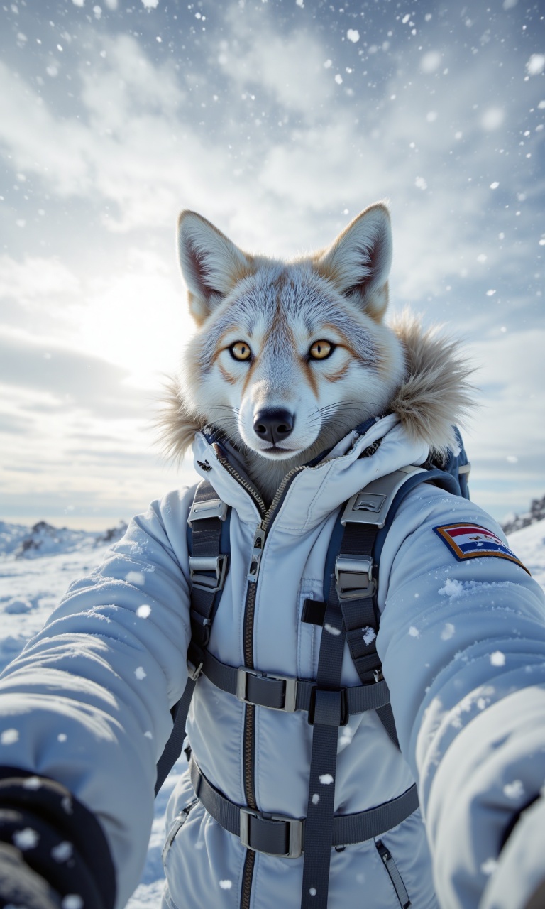 (realistic arctic fox in expedition suit:1.3), anthropomorphic animal, standing tall on snow dune, blizzard winds, fading sun behind clouds, (far selfie perspective:1.2), camera held high, capturing entire silhouette against glowing white sky, snow swirling, cinematic frozen drama, photorealistic fur and snow detail, ultra-detailed, 8k, masterpiece, heroic survival tone