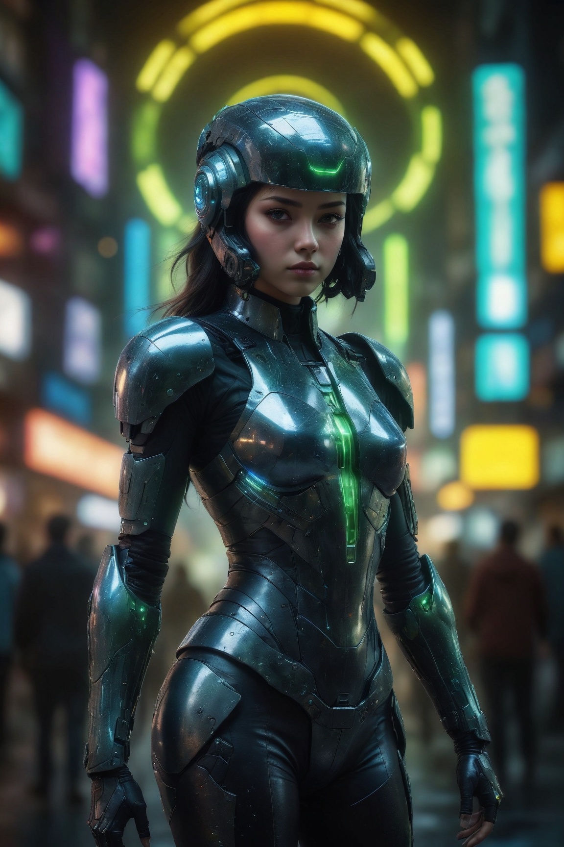 (ultra detailed,  hyper-realism),  a digital artwork featuring a girl adorned in an elegant black and silver cyborg armor...
