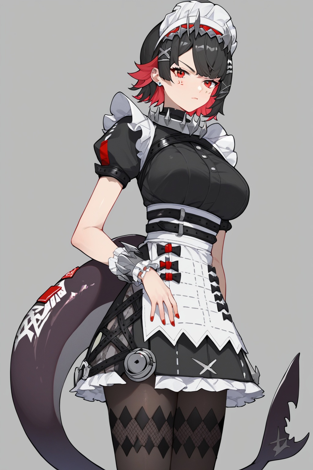 score_9,score_8_up,score_7_up,score_6_up,score_5_up,score_4_up,source_anime,source_cartoon,<lora:ellen joePXL-000001:1>,ellen joe \(Zenless Zone Zero\), 1girl, two-tone hair, shark tail, solo, red eyes, maid headdress, fins, breasts, short sleeves, hair ornament, maid, colored inner hair, looking at viewer, red nails, black dress, grey background, x hair ornament, simple background, anger vein, black pantyhose, apron, wrist cuffs, short hair, large breasts, closed mouth, bracelet, neck ring