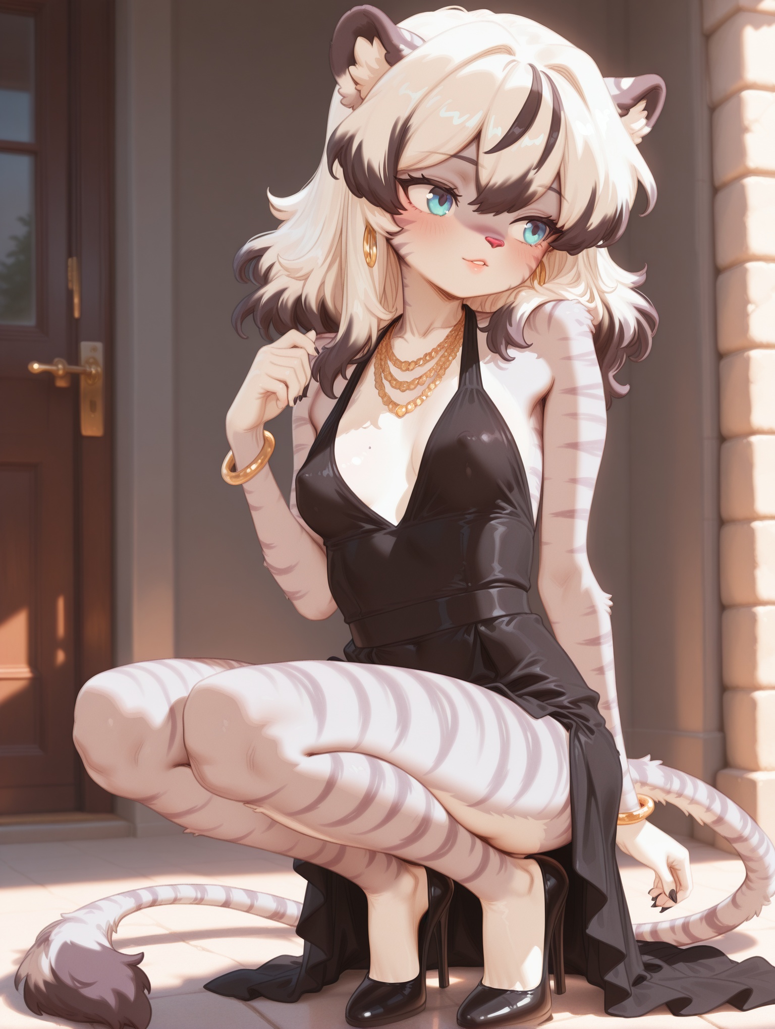 1girl,solo,breasts,jewelry,bare_shoulders,full_body,earrings,sleeveless,black_footwear,necklace,black_dress,high_heels,bracelet,lips,sleeveless_dress,halterneck,squatting,halter_dress,masterpiece,best quality,good quality,newest,absurdres,<lora:baihu-000080:0.95>,furry, blue eyes, wave hair, streaked_hair, white and black hair, tail, long tail, ear_piercings, ear_rings, nipple_piercings, nipple_rings, black fingernails, animal feet, pink paw, small breasts, baihu,
